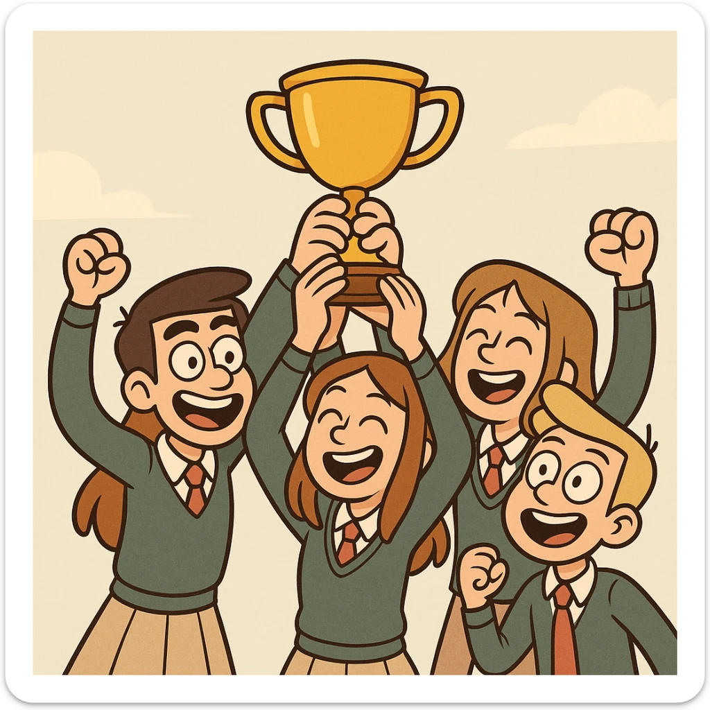 groupe de 4 étudiants, deux filles et deux garçons, brandissant un trophée, style cartoon coloré, fond clair sticker