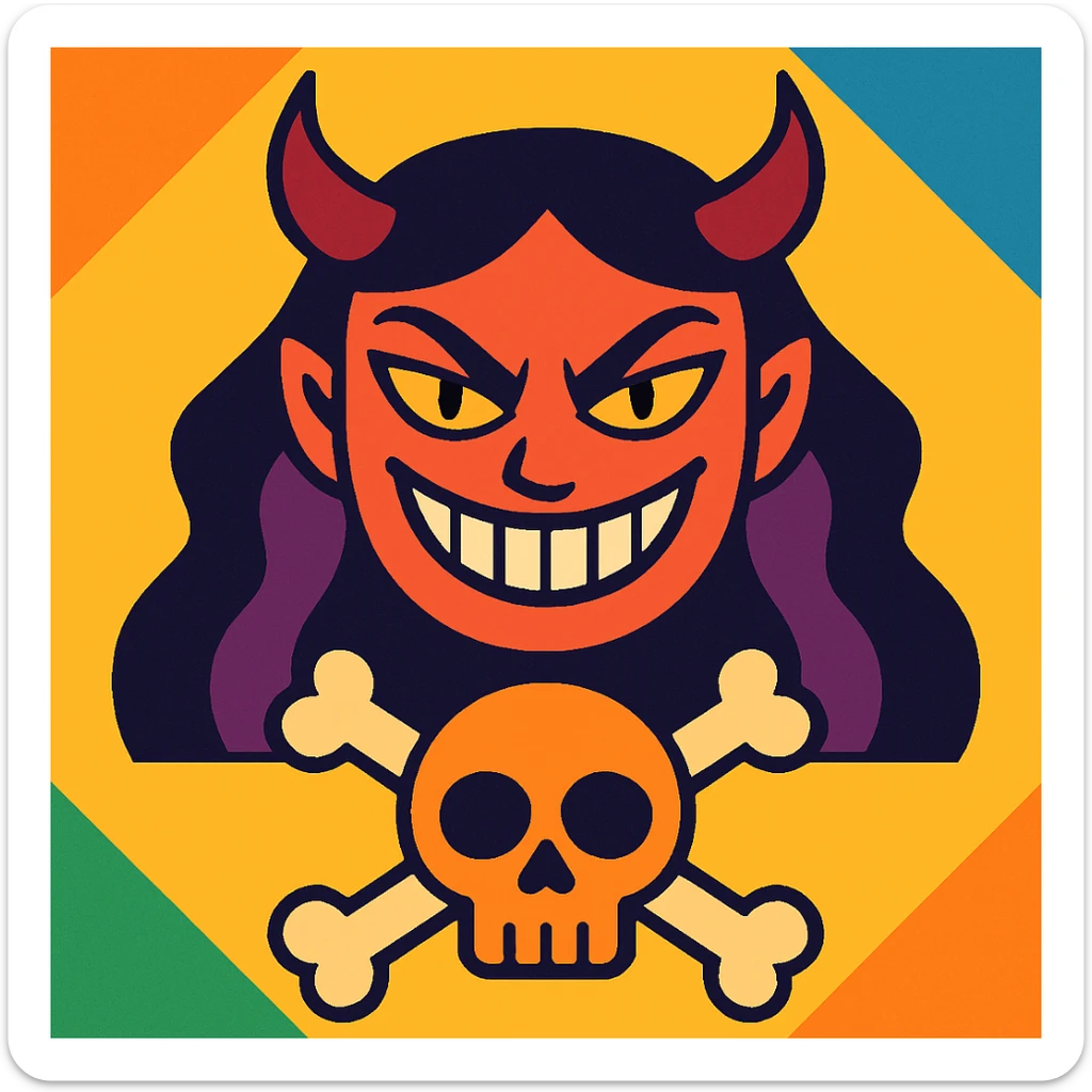 cara malvada sonriendo con cuernos y una calavera con huesos cruzados sticker