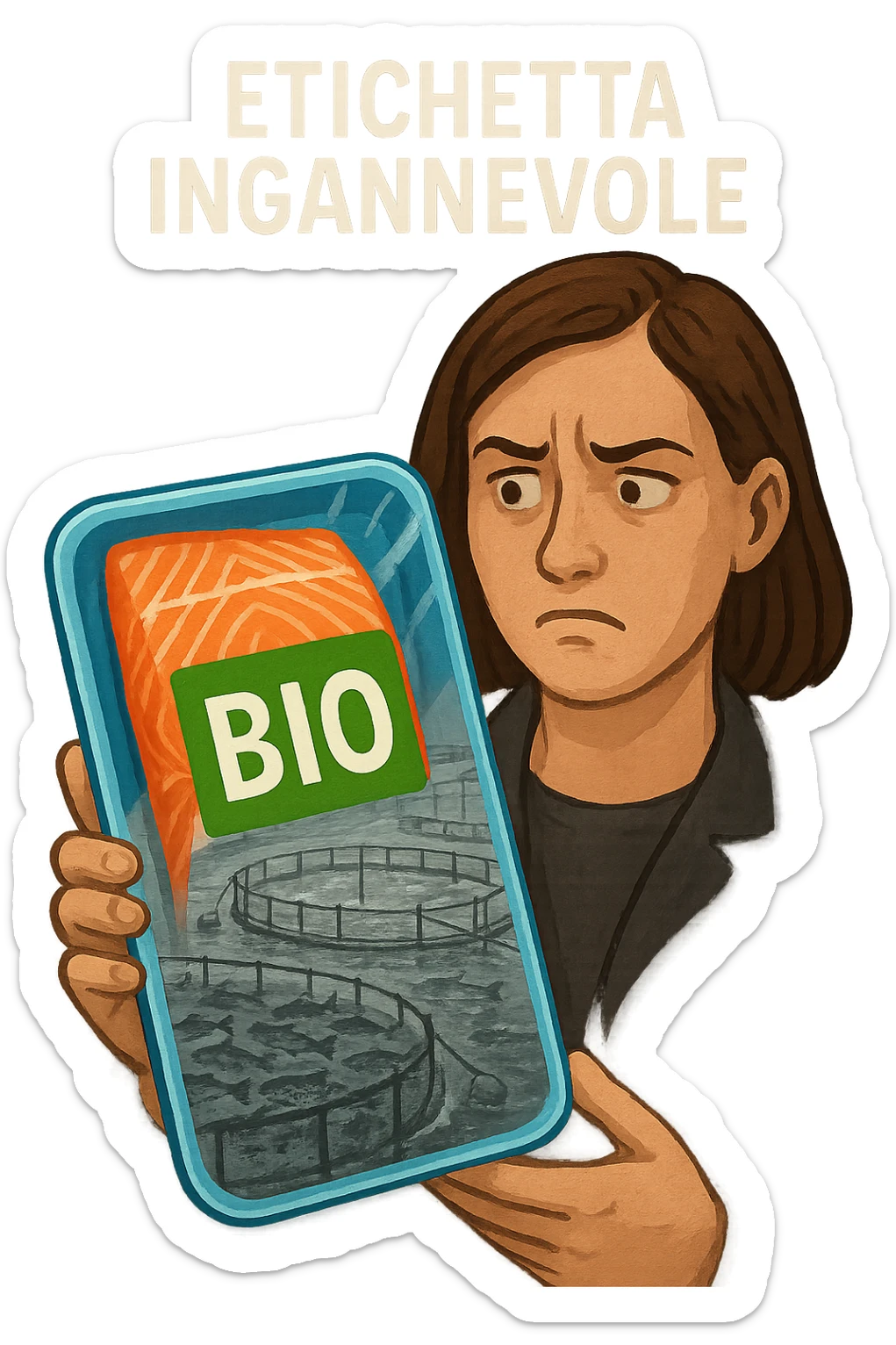 Scena in un supermercato moderno: uomo o donna tiene in mano una confezione di salmone etichettata 'BIO', con un grande bollino verde. Ma in trasparenza, dietro l’etichetta, si intravede un allevamento intensivo di salmoni in gabbie marine, acqua torbida e pesci ammassati. Espressione del cliente confusa e sospettosa. Sopra la testa, testo simbolico fluttuante: 'Etichetta ingannevole'. Colori contrastanti: confezione brillante ma realtà di fondo grigia e artificiale. Stile realistico con elementi simbolici forti sticker