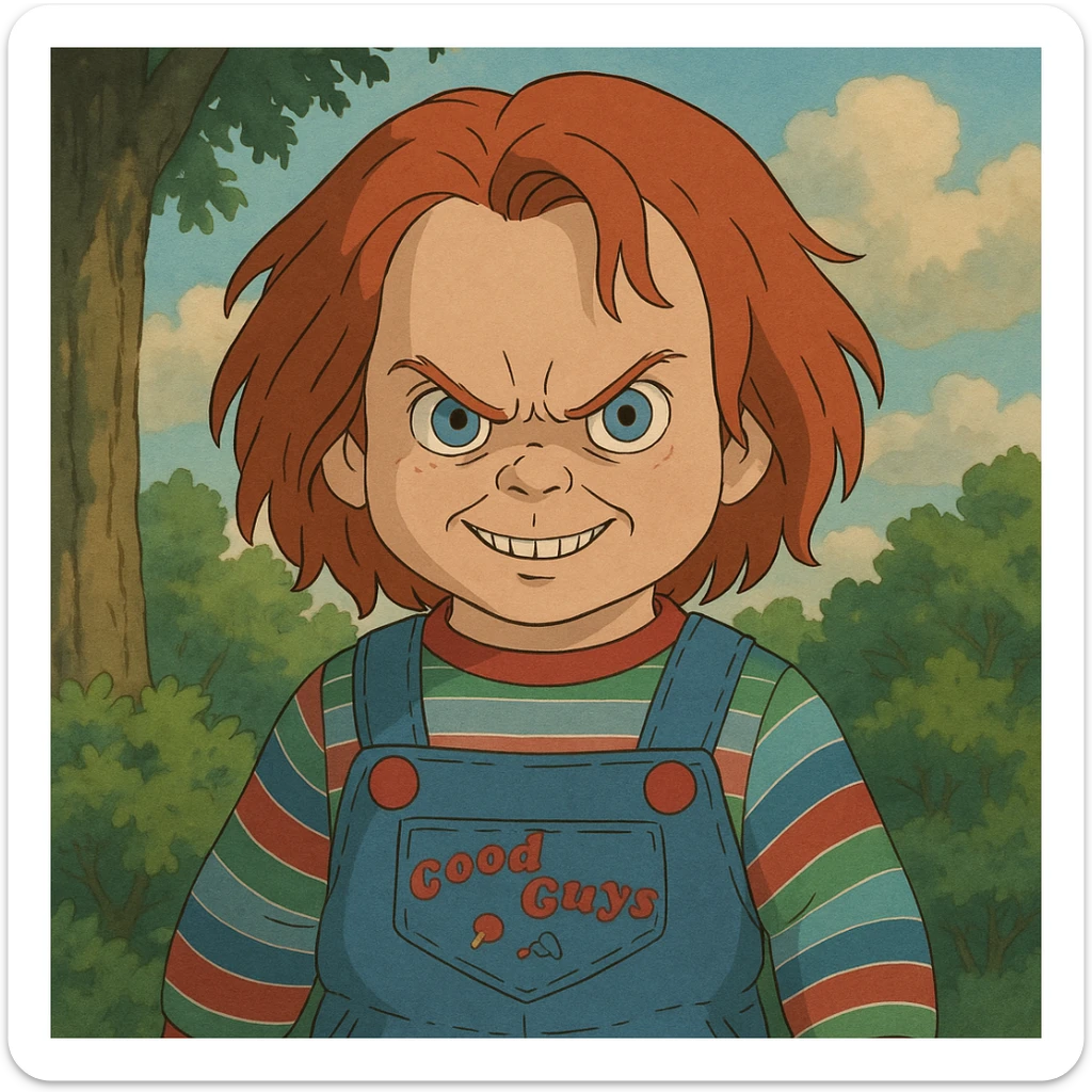 Chucky the doll in horror movie style, red hair, striped shirt, overalls, menacing expression sticker