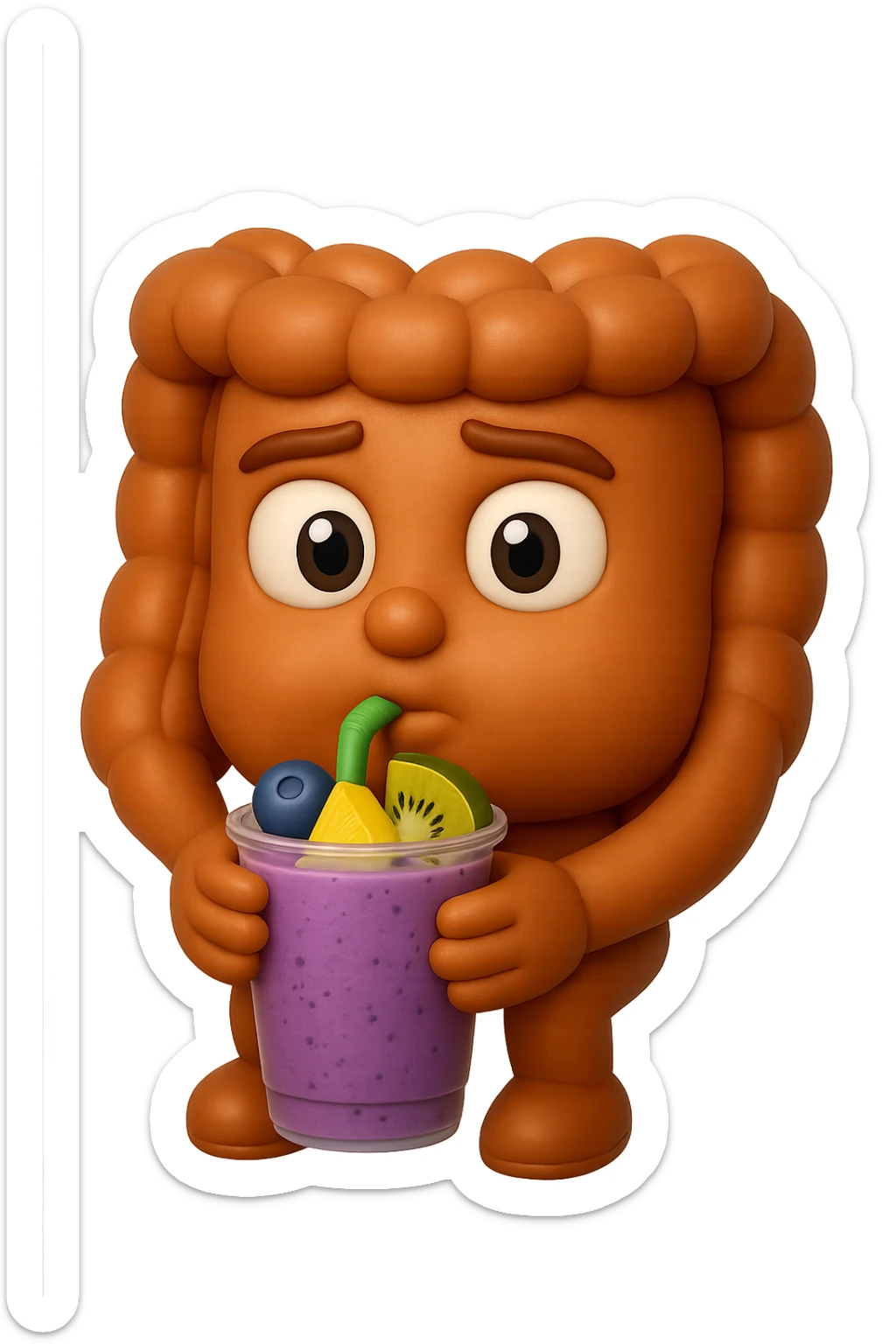 EMOJI STILE IPHONE DI un intestino umano anatomico che beve un frullato di mirtilli, ananas, kiwi, fagli anche la parte bianca degli occhi, non solo le pupille, REALISTICo 4K sticker