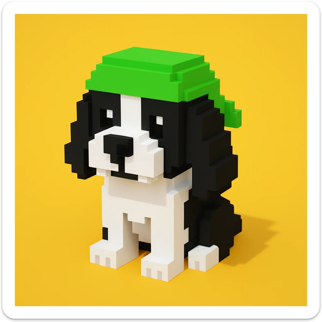 A black and white Russian Cocker Spaniel puppy wearing a green durag, voxel style, standing sticker