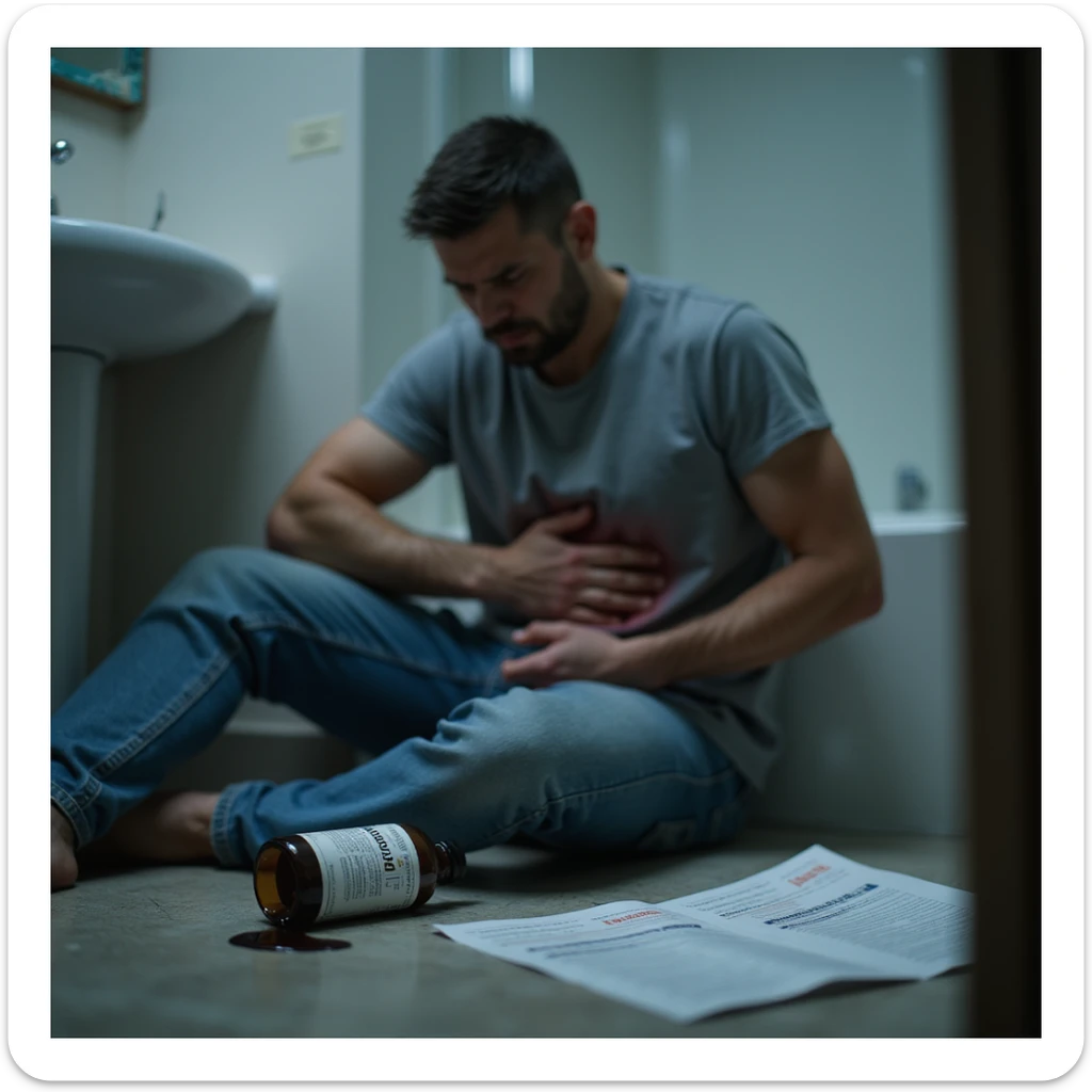 Hyperrealistic 4K image of a man in his 40s clutching his abdomen in pain on a bathroom floor, next to a spilled bottle labeled 'Acido Fulvico' leaking black liquid. Medical reports on the floor show kidney failure markers. Dramatic lighting, medical realism, clinical atmosphere. sticker