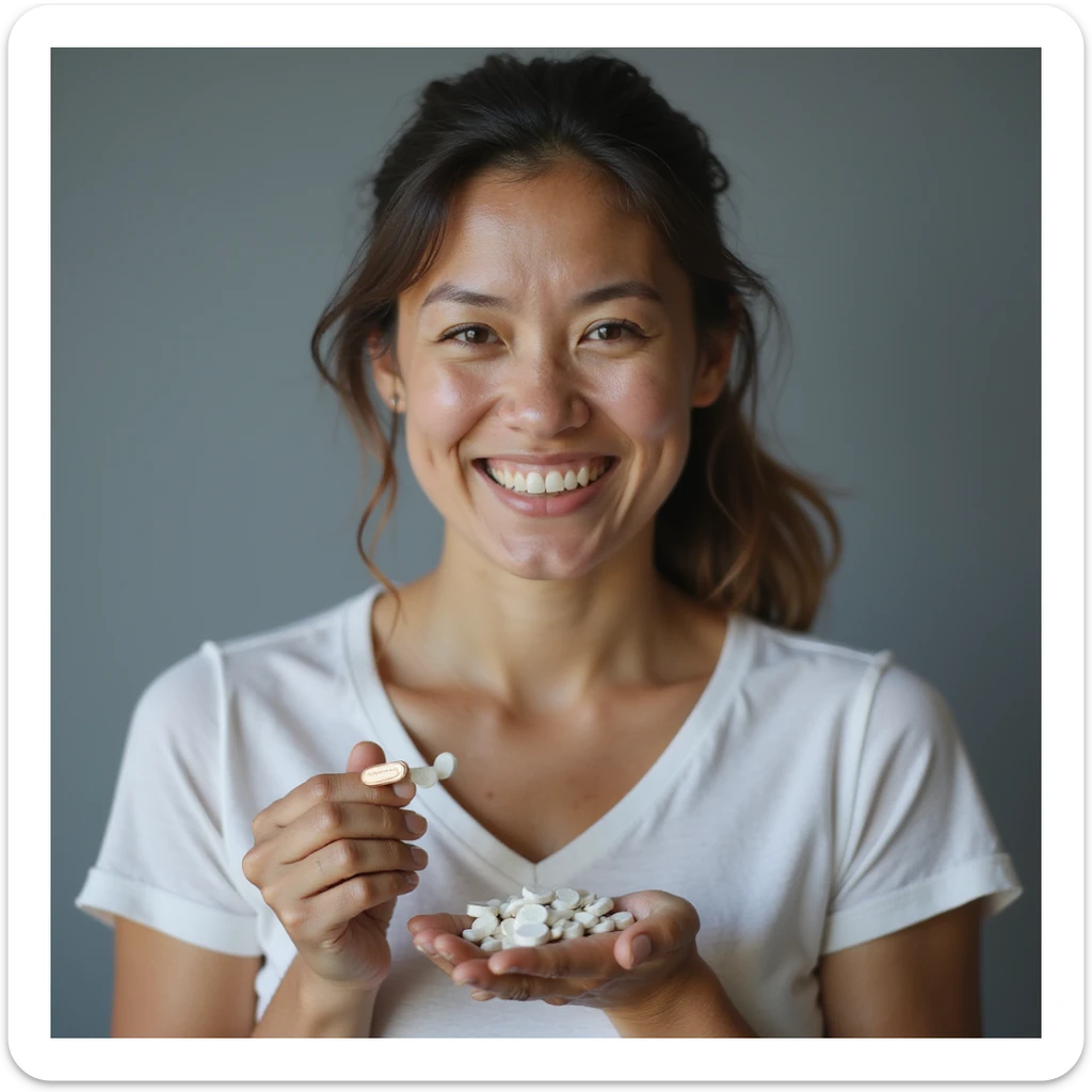 hyperrealistic 4K vertical 9:16 image of a woman with signs of insulin resistance including acanthosis nigricans and slight overweight, holding Metformin, hopeful expression, isolated white background sticker