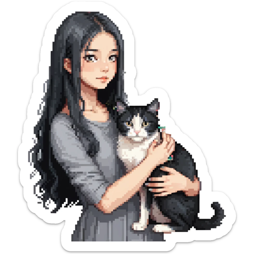 Beautiful girl with long black hair petting a gray and blonde mixed cat sticker