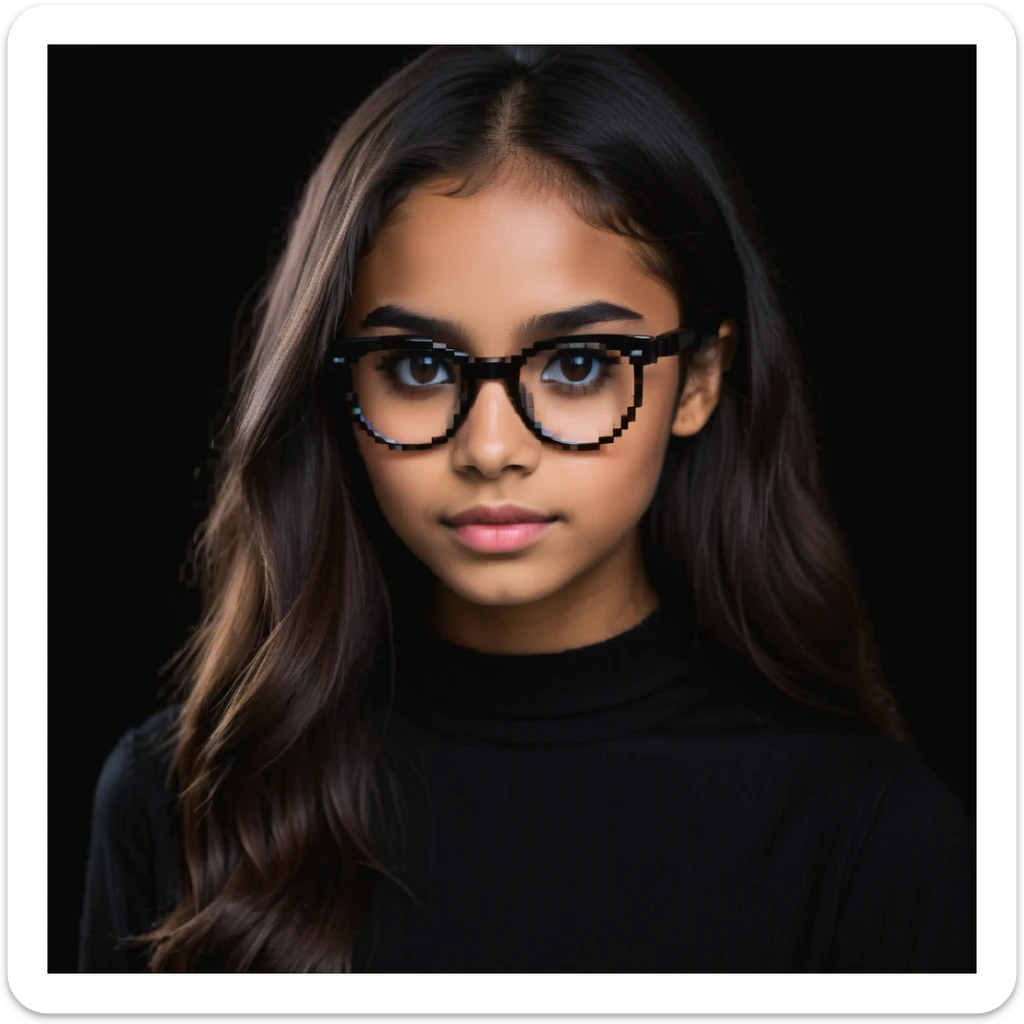 young brown girl with long dark brown hair, dark brown eyes, wearing black squared cat eye glasses sticker