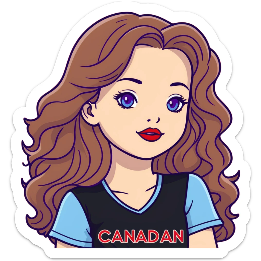 Pale skin wavy long brown hair with light brown highlights very light blue eyes red lipstick female wearing a black top with the phrase canadian chick's in red and purple font sticker