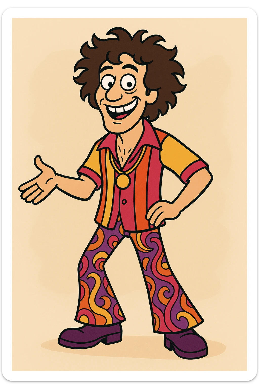 Shimmy Jimmy character, movie Blended, big smile, wild curly hair, vibrant outfit, cartoon style sticker