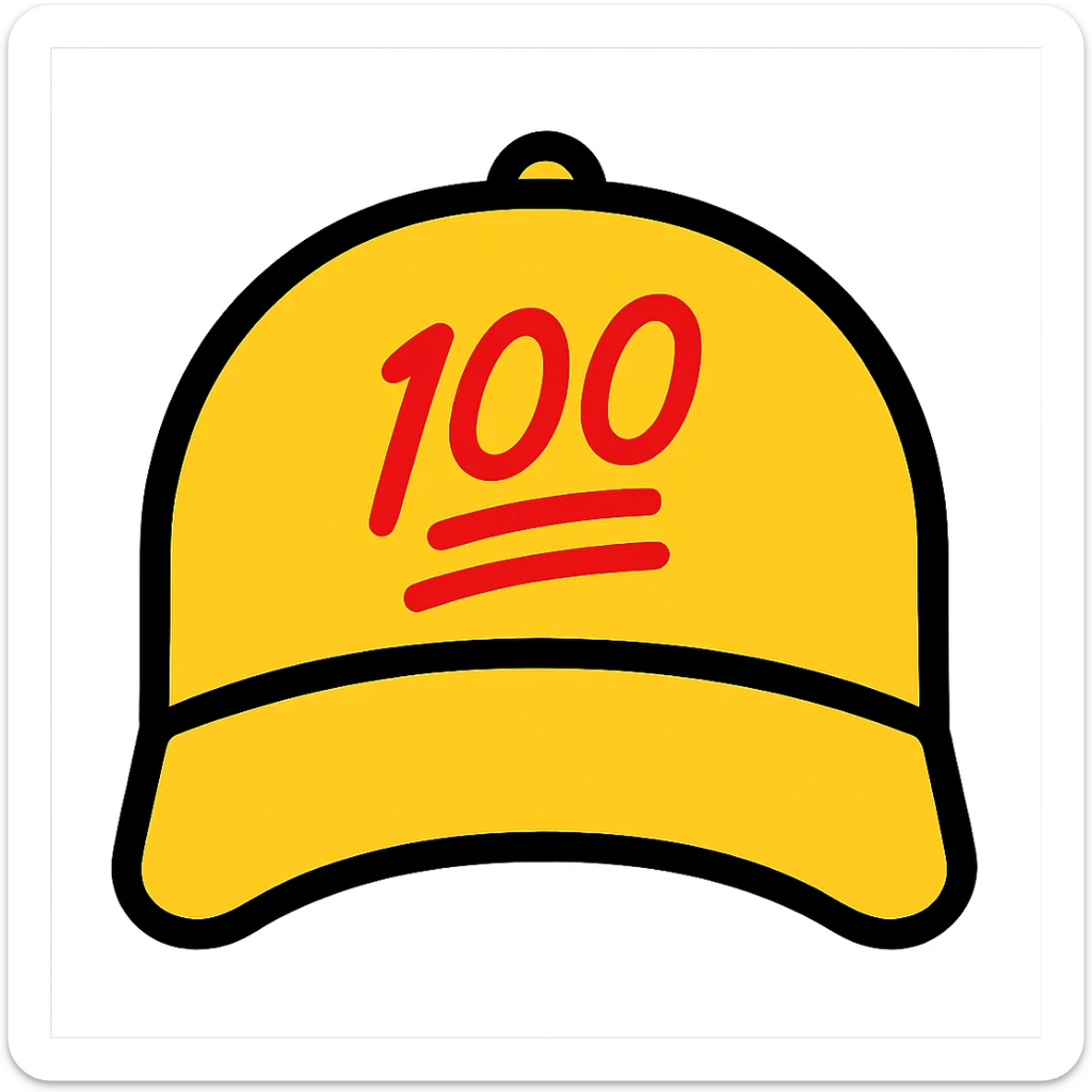 Embroider the red 100 emoji on the front of the yellow baseball cap, keeping the color outline icon style, with no background. sticker