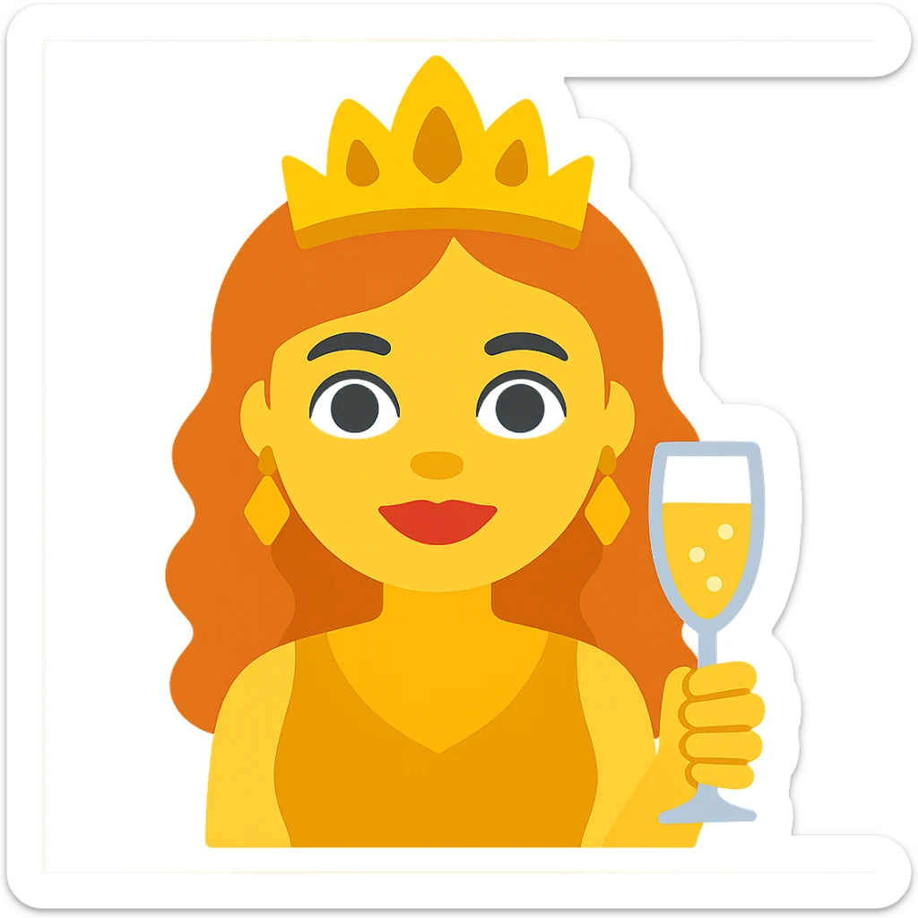 Create a simple and bold illustration of a Leo woman with a glass of champagne in the style of apple emojis. The woman should have a round face, big eyes, and minimal details. The background should be transparent. sticker
