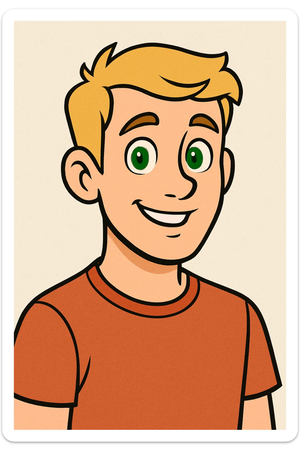 young man with short blond hair and green eyes, cartoon style sticker