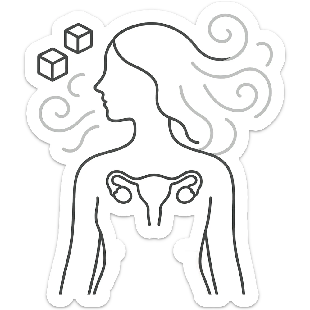 abstract medical art of a female silhouette in pastel colors with swirling hair, sugar cubes, and polycystic ovaries as dark constellations, minimalist style sticker