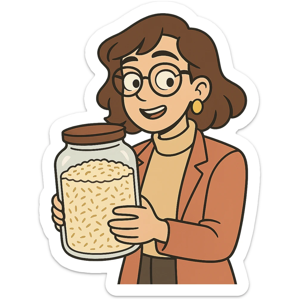 designer woman with brown hair holding a big glass jar of rice in flat toon style sticker