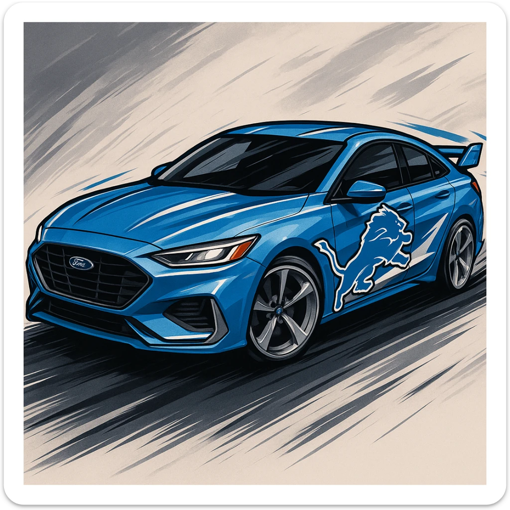 A stylized Ford car with Detroit Lions branding, blue and silver paint, lion mascot on the side, energetic and dynamic look. sticker
