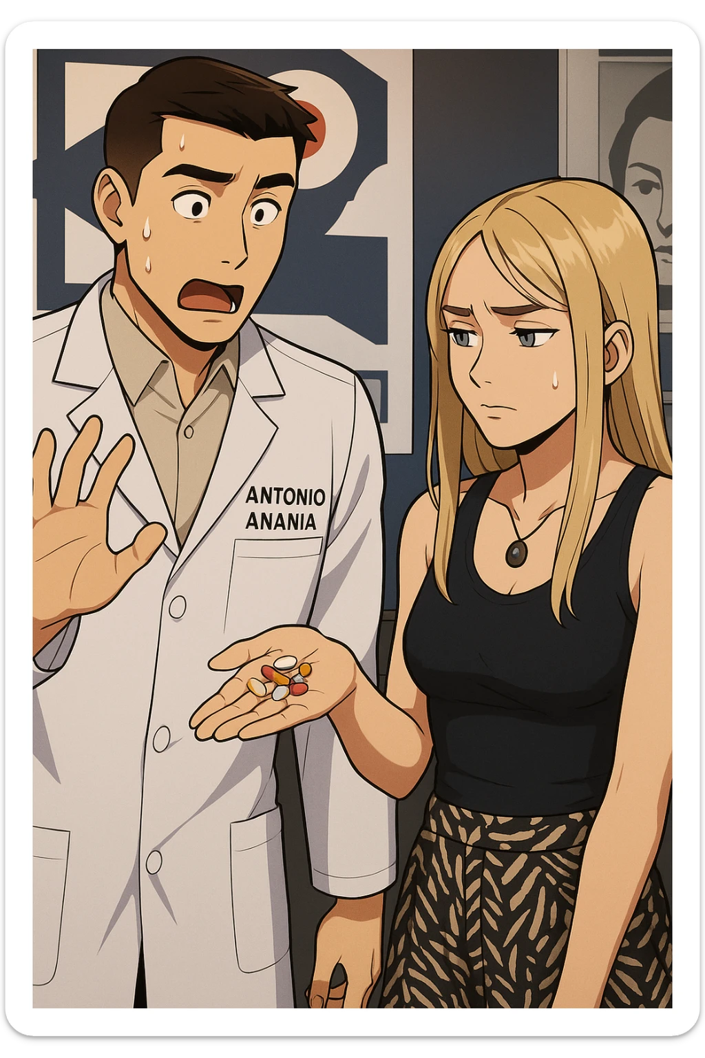 fai un webtoon/manga a colori con questo kinesiologo in camice bianco (fagli la scritta "ANTONIO ANANIA" SUL CAMICE) CHE PARLA CON QUESTA RAGAZZA. LA RAGAZZA HA UN PUGNO DI INTEGRATORI IN MANO (TANTE PILLOLE DIVERSE) E LE GUARDA DUBBIOSA. IL KINESIOLOGO CON IL CAMICE BIANCO LE DOMANDA UNA COSA SCIOCCATO. NON FARE I FUMETTI, FAI SOLO LORO COME SE DIALOGASSERO sticker