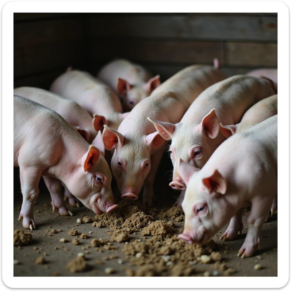 group of pigs in a barn, some eating food leftovers and others approaching feces, traditional farming atmosphere, realistic details, 4K quality sticker