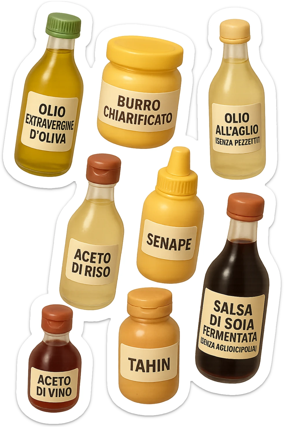 emoji stile iphone 3d di questi elementi che fluttuano in aria sparsi casualmente:

Olio extravergine d’oliva, burro chiarificato
Olio all’aglio (senza pezzetti)
Aceto di vino, aceto di riso, senape, tahin
Salsa di soia fermentata (senza aglio/cipolla)


 che fluttuano sparse casualmente in aria, le etichette dei prodotti scrivile in italiano, iperealistico 4k sticker