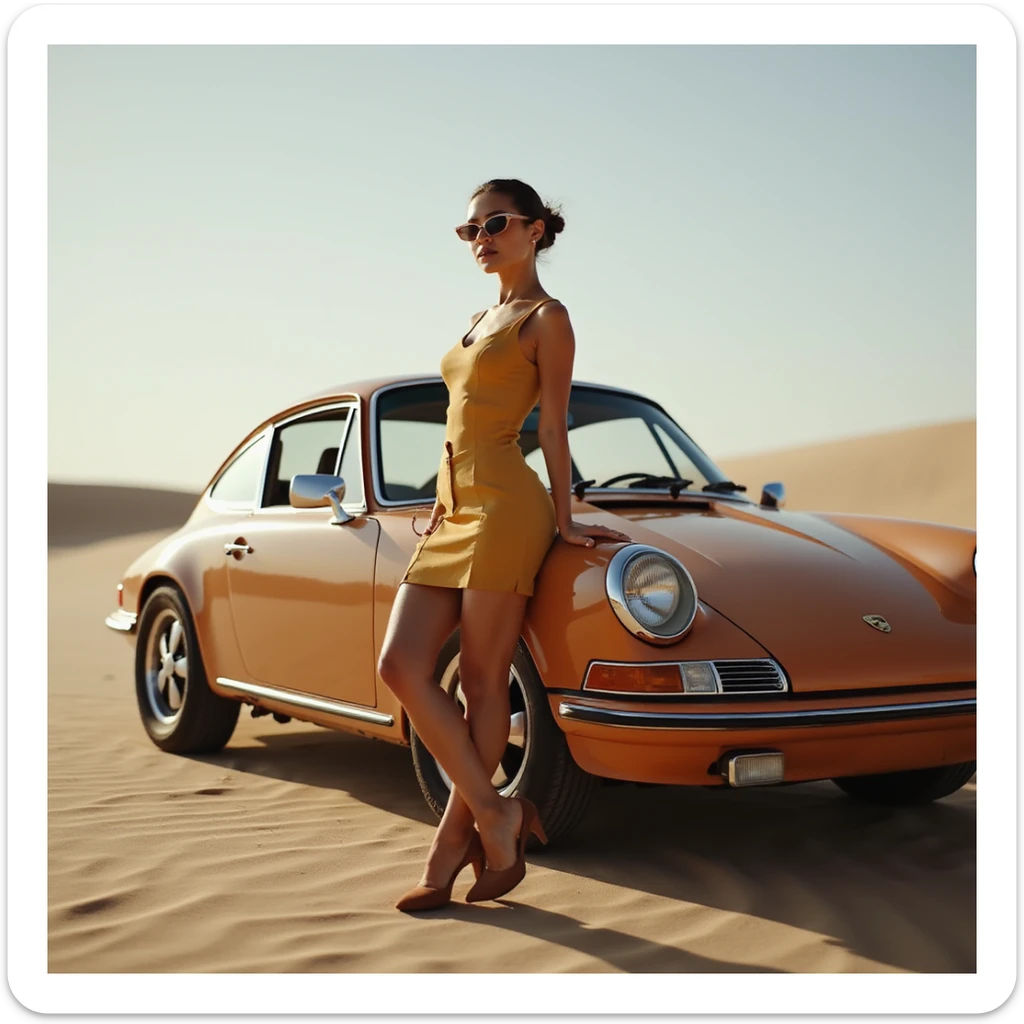 Cinematic still of a woman next to  porsche 911 on desert sticker