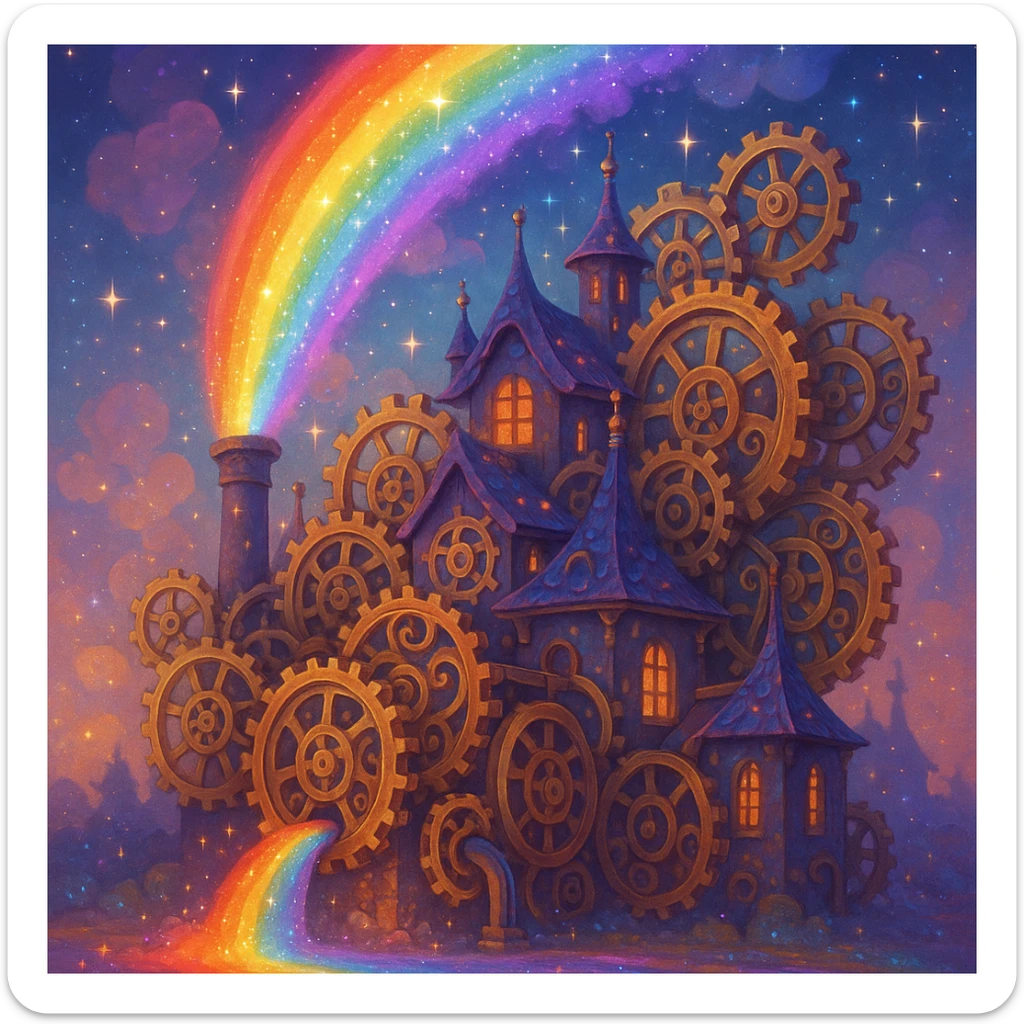 a fantasy rainbow factory with magical gears and sparkling colors, dreamy atmosphere sticker