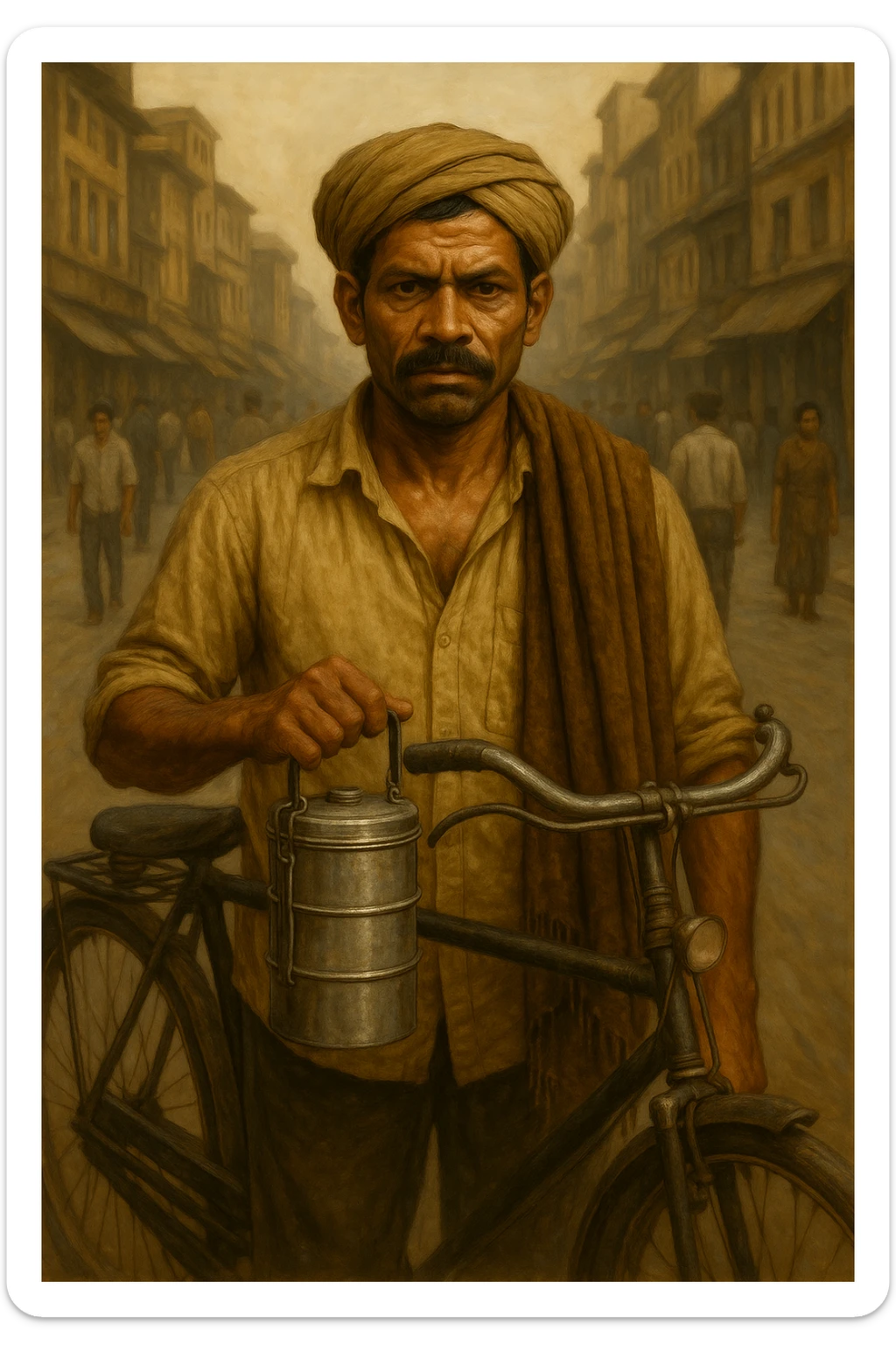 Add a bicycle beside the Indian man in humble attire, as he heads to work, maintaining the semi-realistic style and city street background. sticker