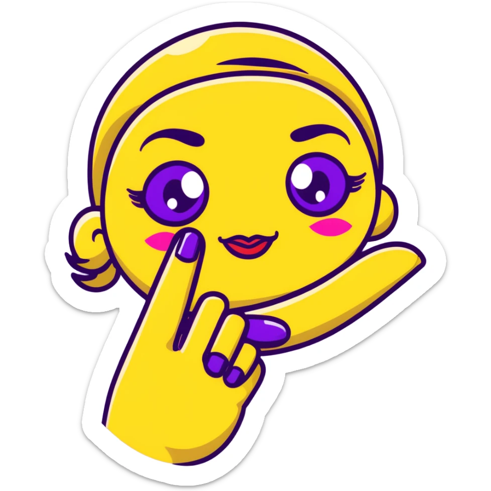 Classic yellow emoji face with closed eyes that form upward curved lines, eyelashes, pursed lips with lipstick, and a hand gesture with only the thumb out while other fingers are closed, all nails painted sticker