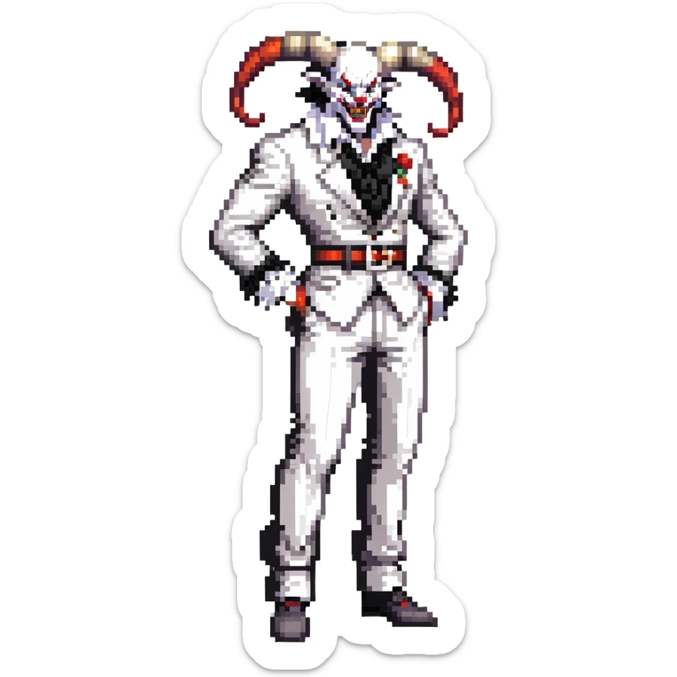 full-body muscular demonic clown in black and white leisure suit with bellbottom pants, bald, black ram horns, flashy black and white belt, ruffled white shirt, no neck tie, large fangs sticker