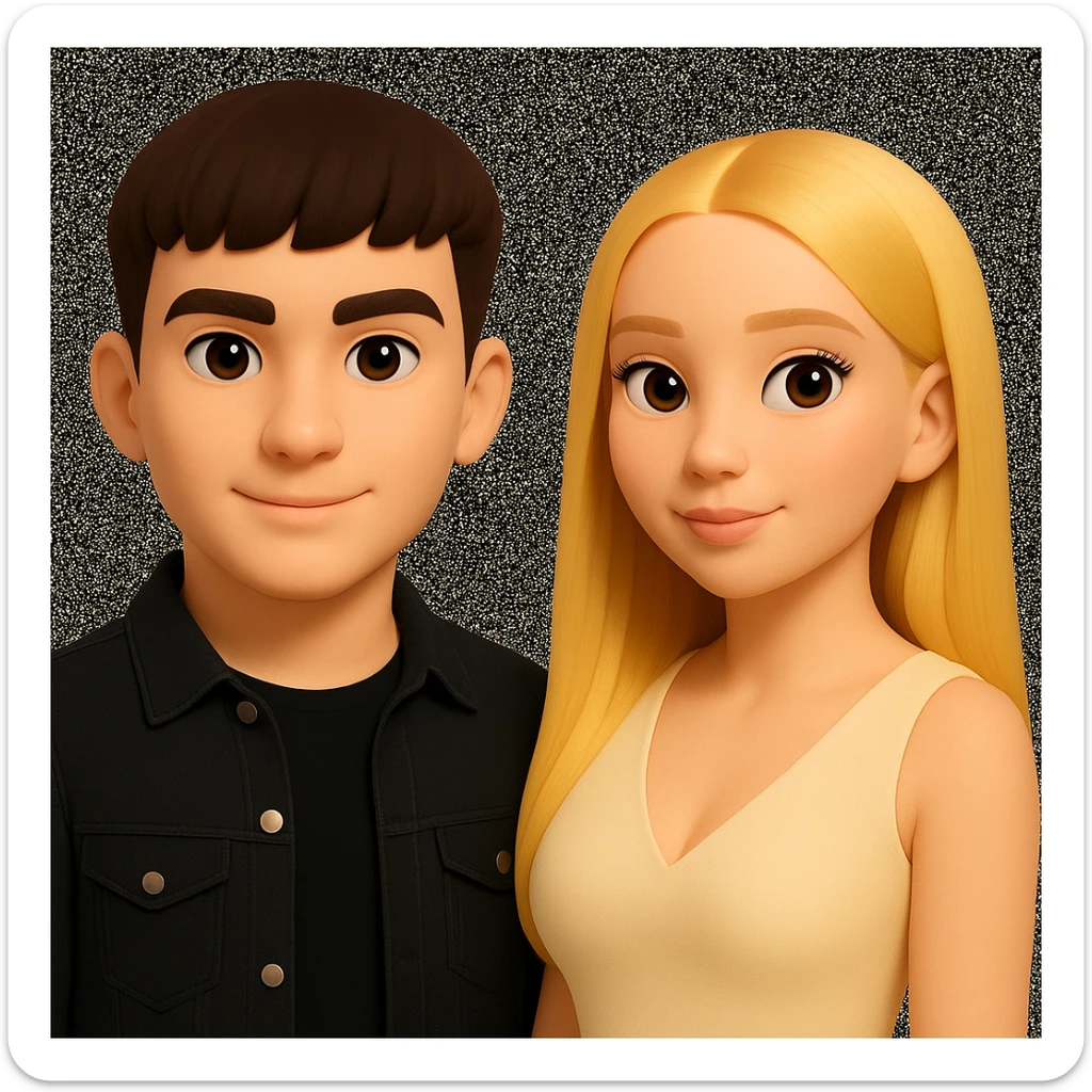 Slightly increase the volume of the upper body of the girl, separate the girl and the boy from each other, and make the skin color the same for both characters. Maintain the cartoonish 3D style as in the reference image. sticker