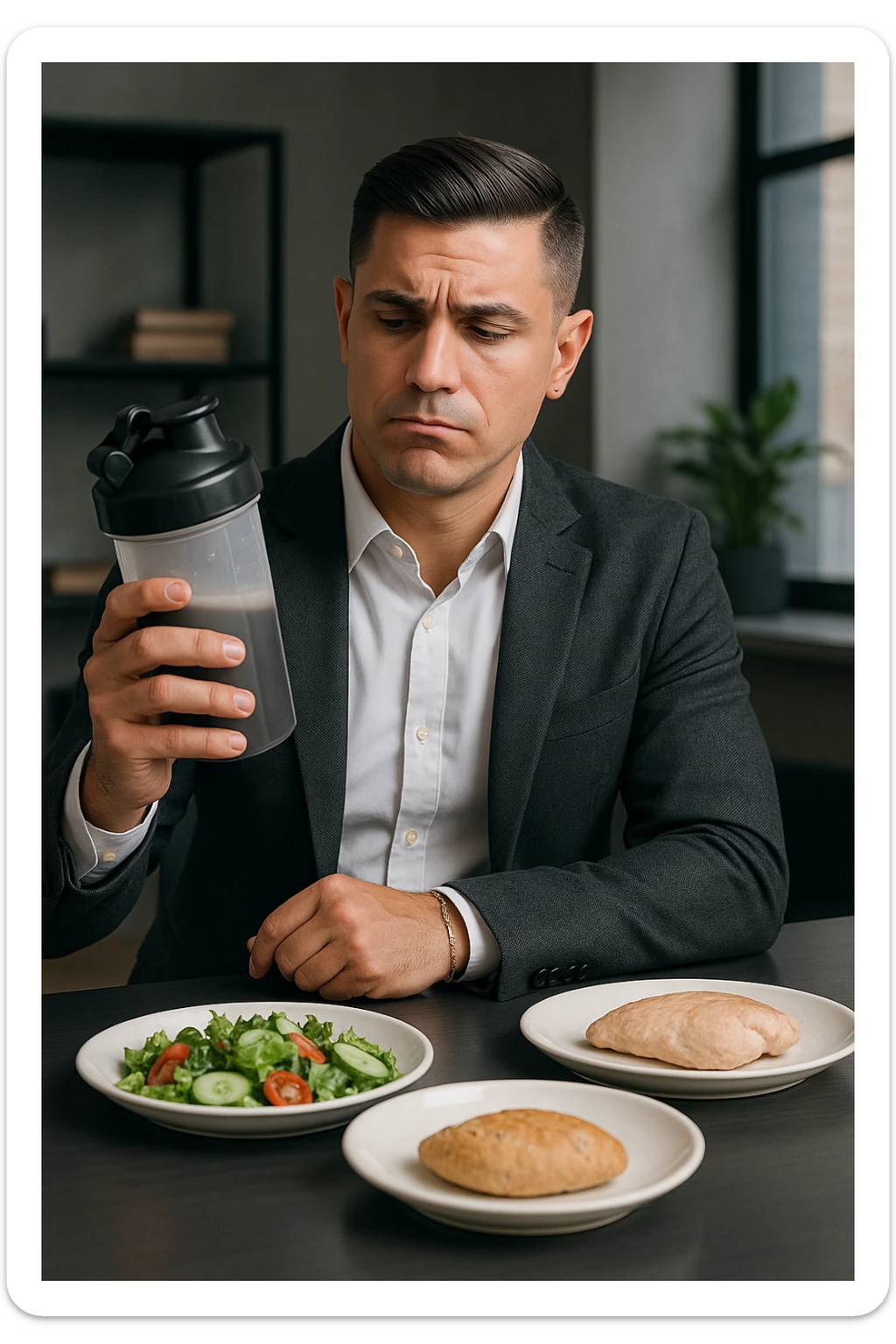 un uomo in abiti da ufficio tiene in mano uno shaker o una bottiglia di sostituto pasto, guardandolo con un’espressione neutra o leggermente indecisa. Sul tavolo davanti a lui ci sono piatti di cibo solido non toccati, come insalata, pollo e pane, a sottolineare la sua scelta di evitare il pasto tradizionale. L’atmosfera è moderna e riflessiva. sticker