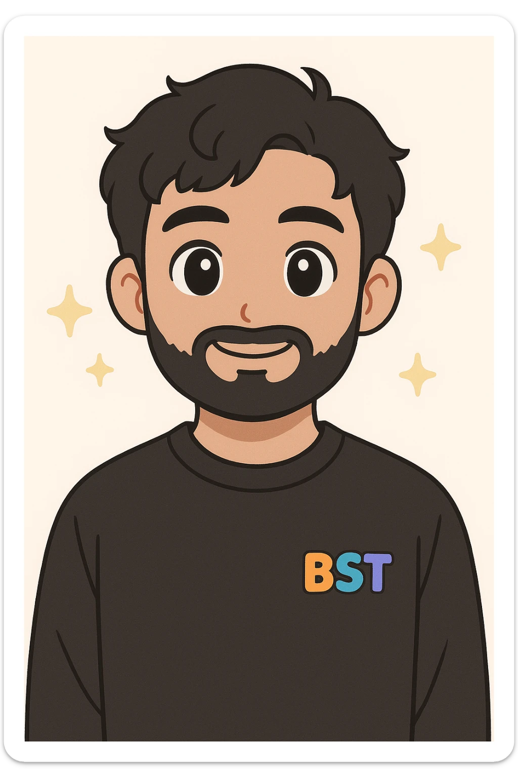 2D digital anime-style portrait of a young adult male with medium skin tone, short wavy black hair, almond-shaped black eyes, and a full beard. Wearing a plain black sweatshirt with the BST logo in vibrant colors (orange, teal, purple, blue) on the left chest. Solid black background. Facing forward with a slight smile (no teeth). Soft and flat lighting, clean anime lines, smooth shading. Professional, cohesive team style. sticker