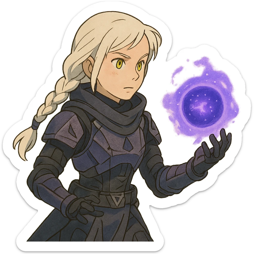 1 female, white hair long braid, gold yellow eyes, no helmet, a novice warlock from Destiny 2 armor, charging a void grenade in her hand sticker