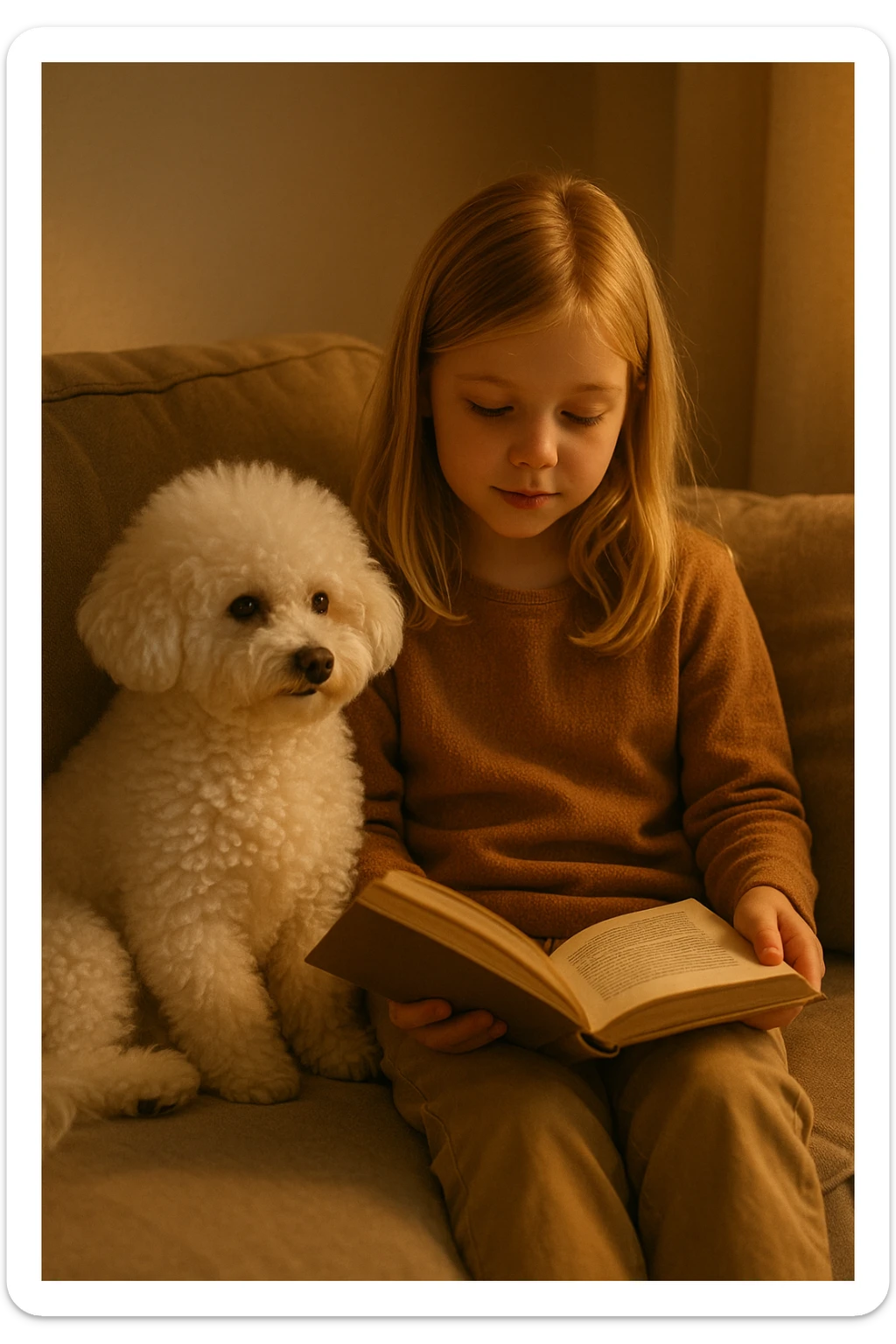 girl with blond hair reading with a bichon dog, sitting on a couch sticker