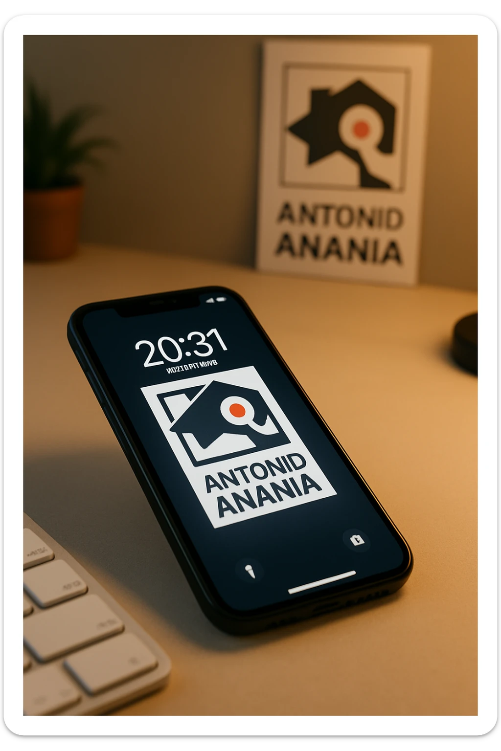 A photo of an iPhone on the desk with the message "Antonio Anania" on its screen, The phone sits atop a desk with a blurred background that suggests work environment. A faint glow from above casts gentle shadows across the surface of each object, creating depth and highlighting their textures sticker