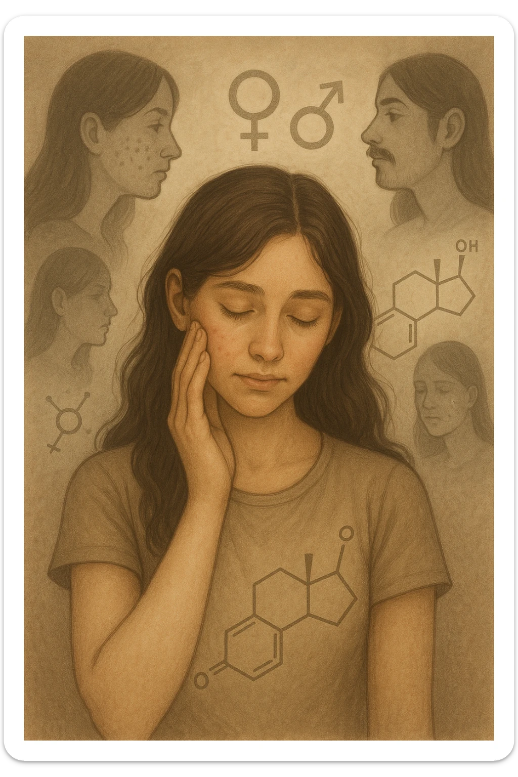 A young woman is surrounded by faint overlays of hormonal symbols and androgen molecules, with shadowy images of acne, facial hair, and oily skin projected around her, symbolizing the symptoms of PCOS with androgen excess. She looks down, gently touching her face with a resigned but hopeful expression, symbolizing her journey toward managing these symptoms. sticker