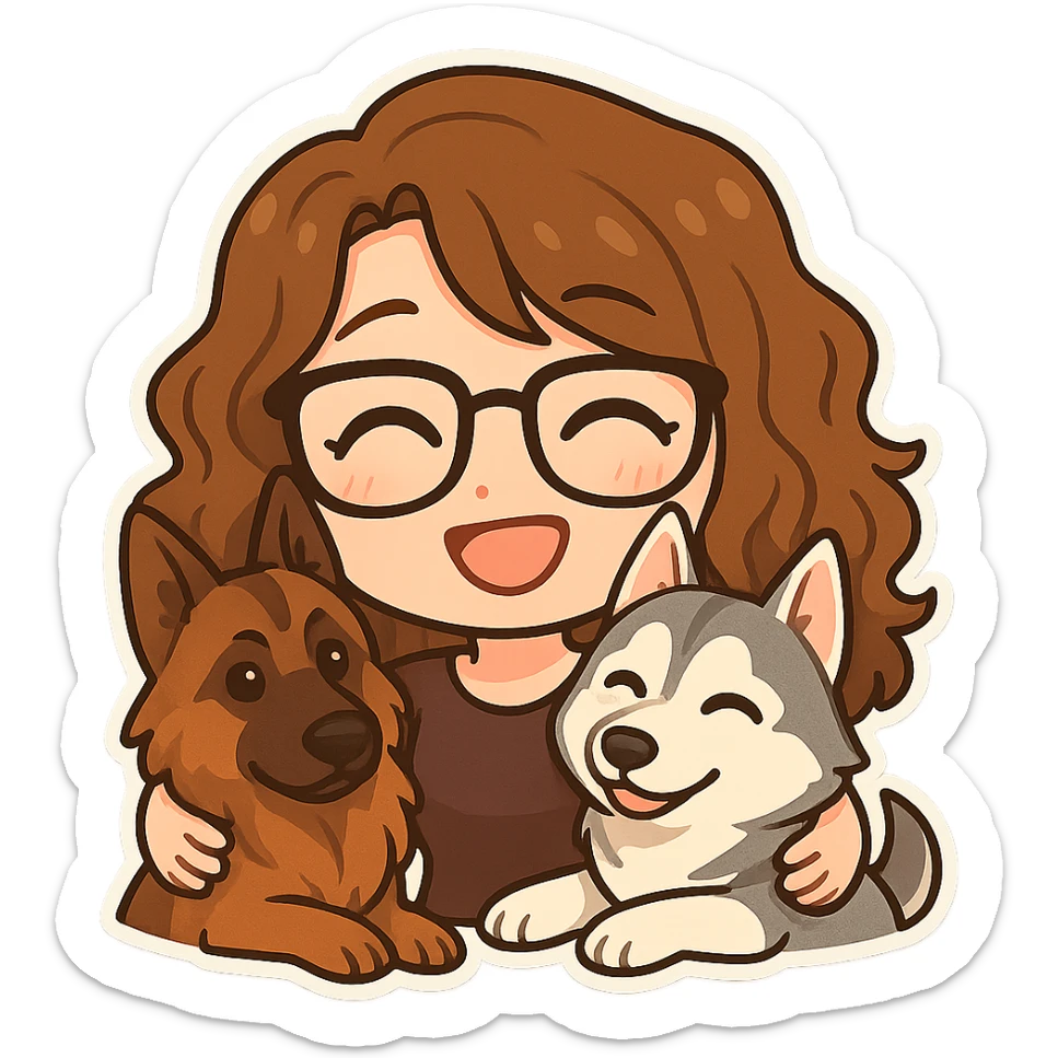 Create a chibi sticker emoji of a person with glasses and curly hair hugging two dogs, one German Shepherd and one Husky. The style should be cute and expressive, inspired by the provided reference images. Use a transparent background. sticker