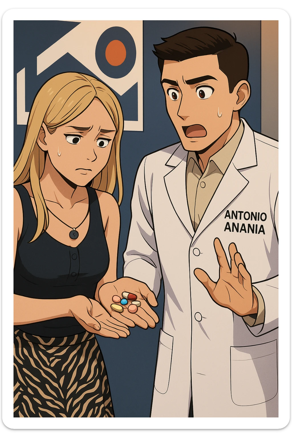 fai un webtoon/manga a colori con questo kinesiologo in camice bianco (fagli la scritta "ANTONIO ANANIA" SUL CAMICE) CHE PARLA CON QUESTA RAGAZZA. LA RAGAZZA HA UN PUGNO DI INTEGRATORI IN MANO (TANTE PILLOLE DIVERSE) E LE GUARDA DUBBIOSA. IL KINESIOLOGO CON IL CAMICE BIANCO LE DOMANDA UNA COSA SCIOCCATO. NON FARE I FUMETTI, FAI SOLO LORO COME SE DIALOGASSERO sticker