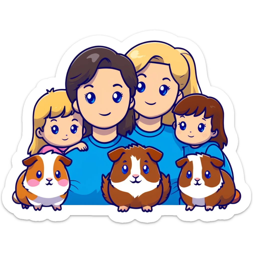 Family portrait with father with dark brown hair and blue eyes, mother with light brown hair and blue eyes, three blonde little girls with blue eyes, plus a grey cat and two guinea pigs sticker
