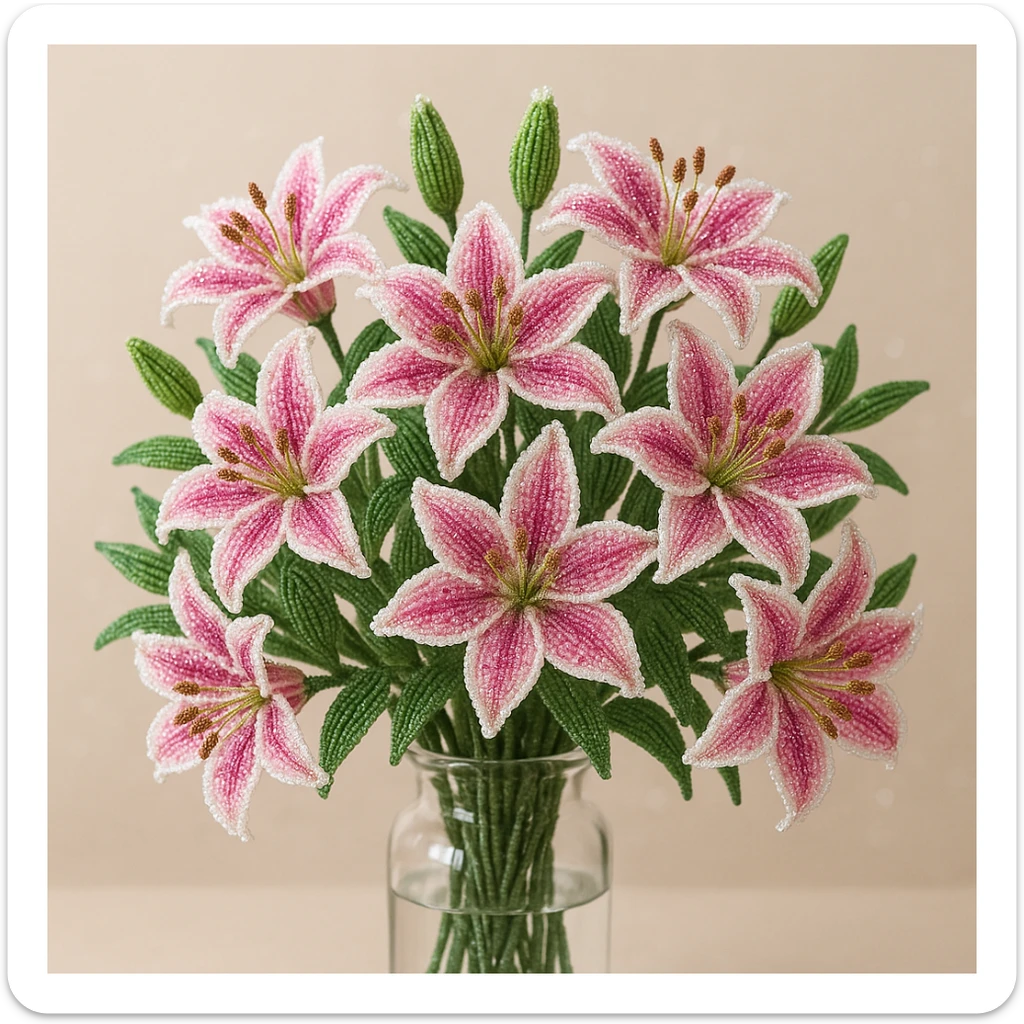 twelve french beaded pink stargazer lilies arranged in a transparent vase, sparkling beads, pink flowers with white accents, green leaves, delicate craftsmanship, soft background sticker
