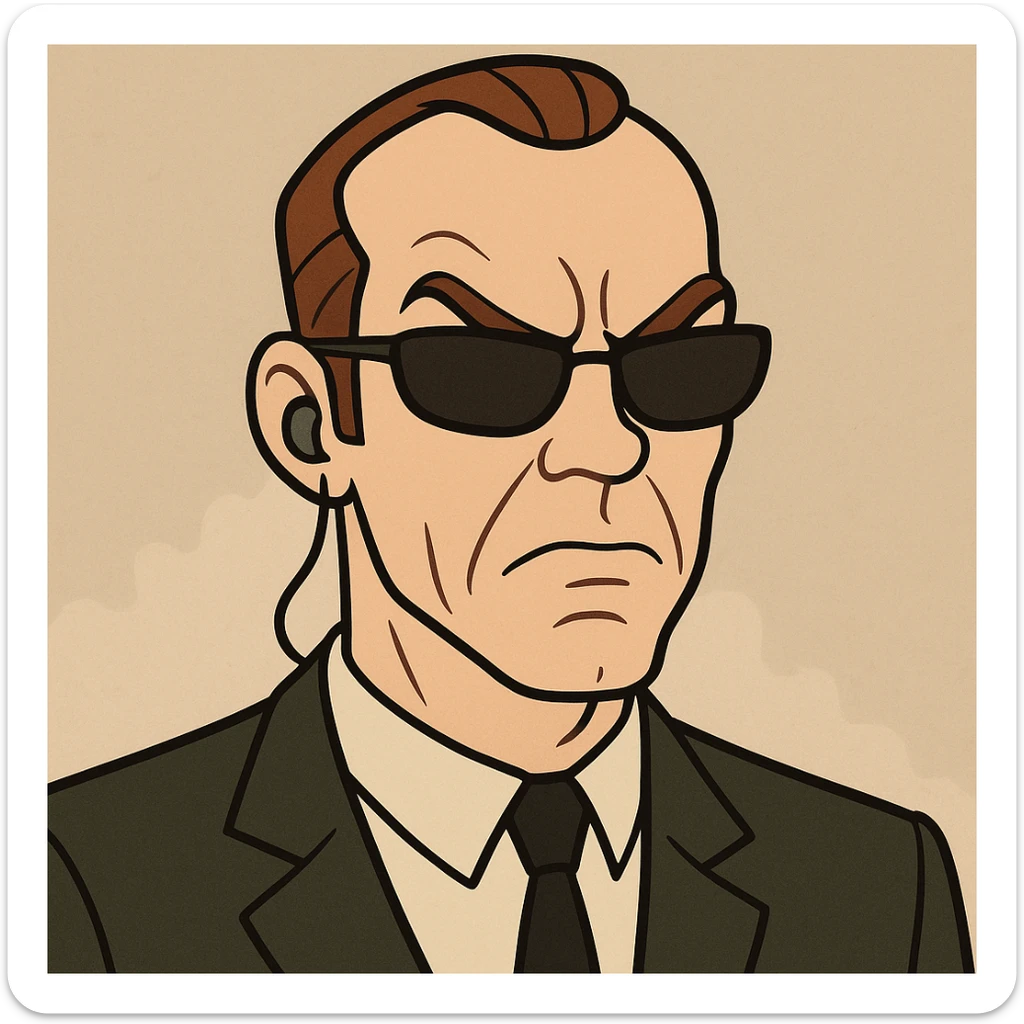 close-up face of cartoon Agent Smith from The Matrix, sunglasses, earpiece, exaggerated features sticker