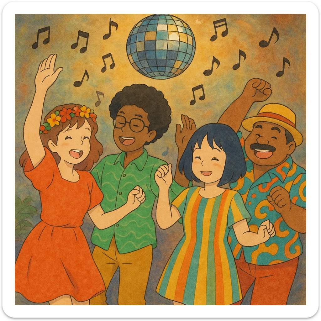 a diverse group of people at a party, colorful outfits, music notes and disco ball, ghibli style sticker