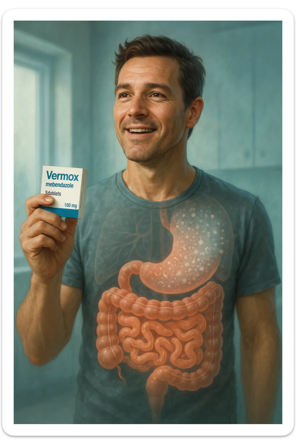 A realistic, cinematic illustration of a man in his late 30s holding a small white box of ‘Vermox’ (mebendazole) in one hand, with a relieved and hopeful expression on his face. Behind him, a semi-transparent overlay shows his digestive tract where small, symbolic worm-like parasites are dissolving and disappearing, indicating the medication’s effect. The environment is clean and bright, with a medical yet hopeful tone, conveying the concept of effective parasite removal. Subtle blue and green tones symbolize cleansing and health restoration, while the man appears energized and ready to reclaim his well-being sticker