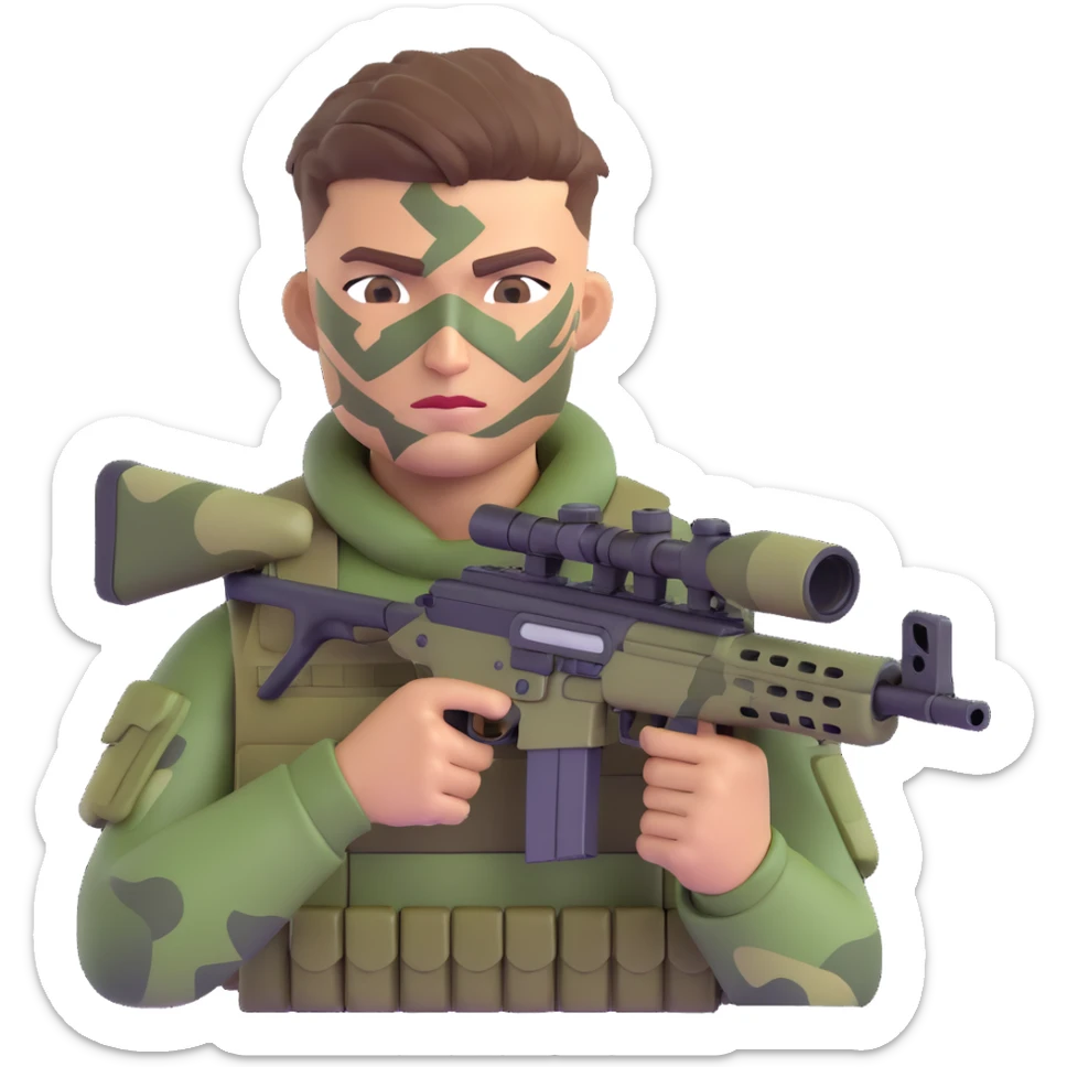 Add camouflage face paint to the muscular soldier, keep the cool hairstyle and sniper rifle, preserve 3D emoji style, no background. sticker