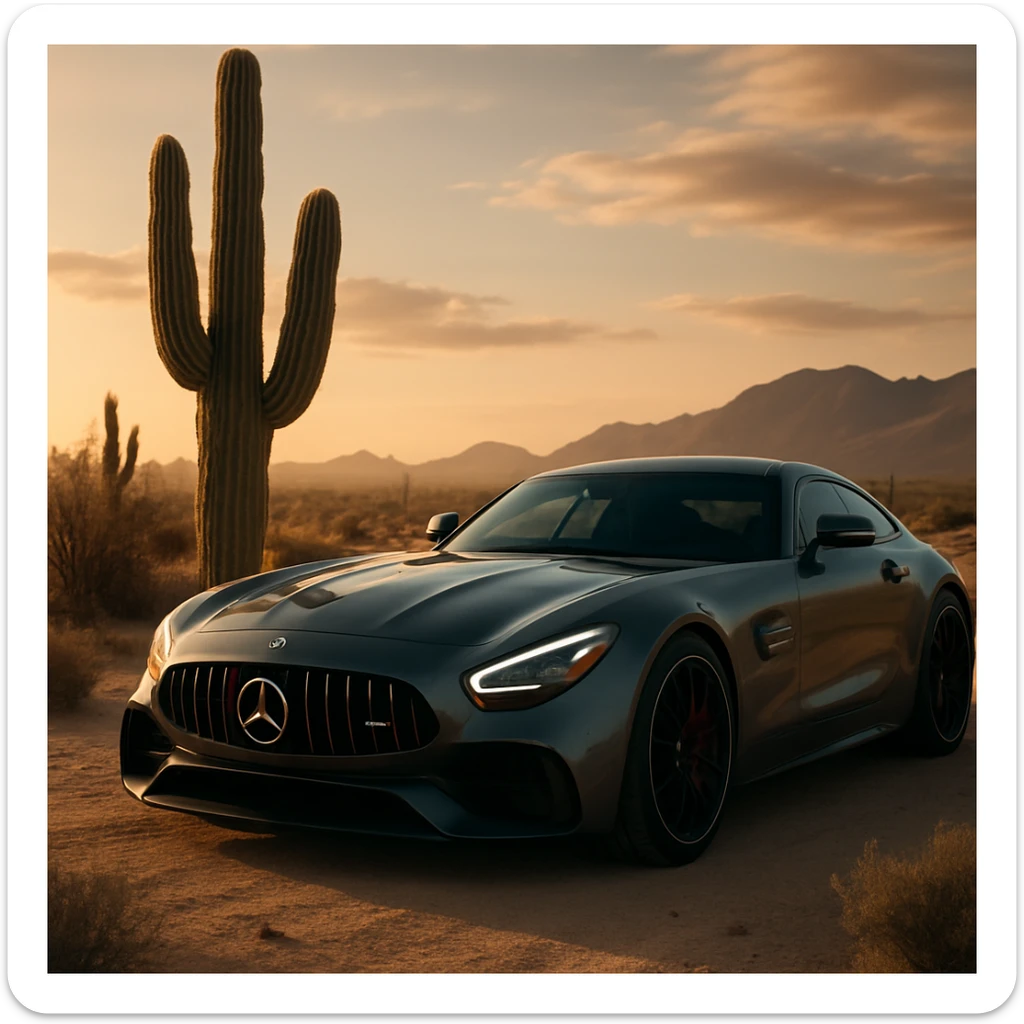 mercedes amg on desert next to cactus faun, cinematic sticker