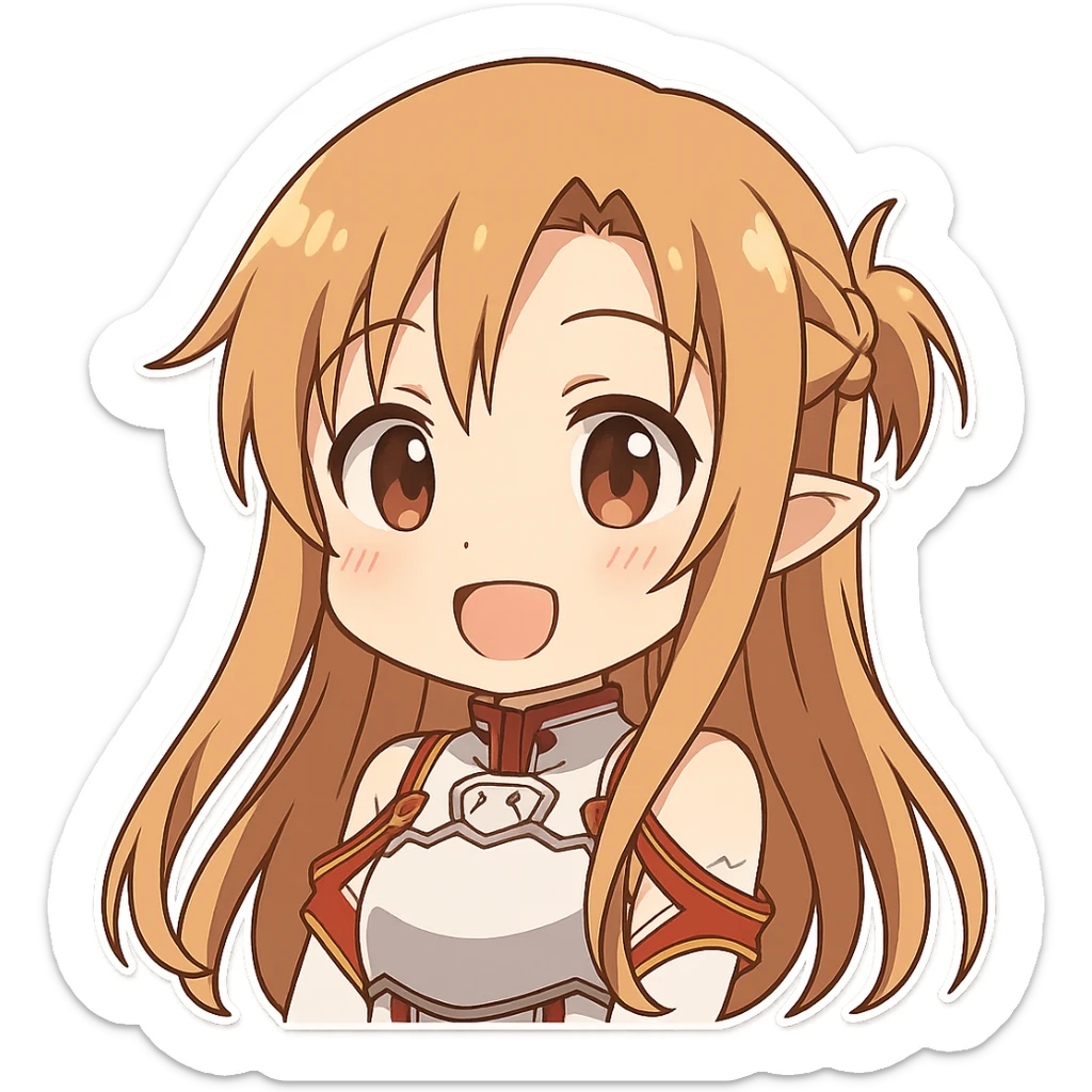 Sticker of Asuna from Sword Art Online in chibi style, cute expression, transparent background, inspired by the reference image. sticker