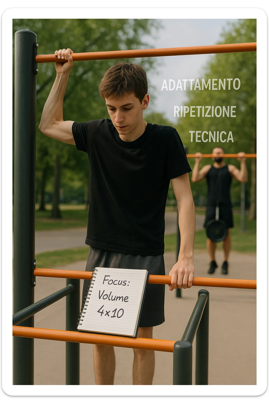 Giovane atleta principiante, fisico asciutto ma non muscoloso, si allena in uno street park con sbarra e parallele. Sta eseguendo serie lunghe di trazioni a corpo libero, concentrato sulla tecnica e sul controllo. Vicino a lui si vede un block notes con scritto a penna 'Focus: Volume, 4x10', mentre in lontananza un altro atleta molto più grosso fa una singola ripetizione con zavorra pesante. Il neofita guarda il suo diario, non gli altri. L’ambiente è sereno, luce naturale, atmosfera di crescita e disciplina. Sullo sfondo si intravedono i concetti scritti in aria con stile metaforico: 'Adattamento', 'Ripetizione', 'Tecnica', fluttuanti accanto a lui sticker