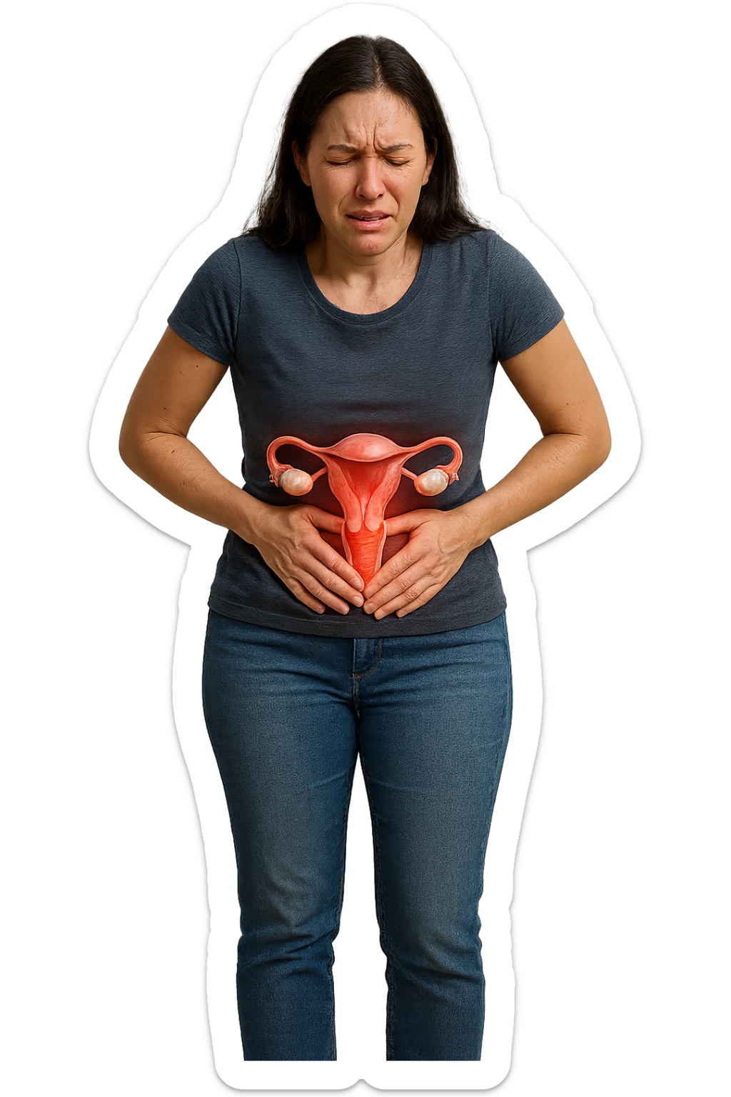 donna a figura intera con utero umano realistico in 3d in evidenza dolorante, espressione di dolore in volto, sfondo bianco, non farla computerizzata, ma iperrealistica 4k sticker