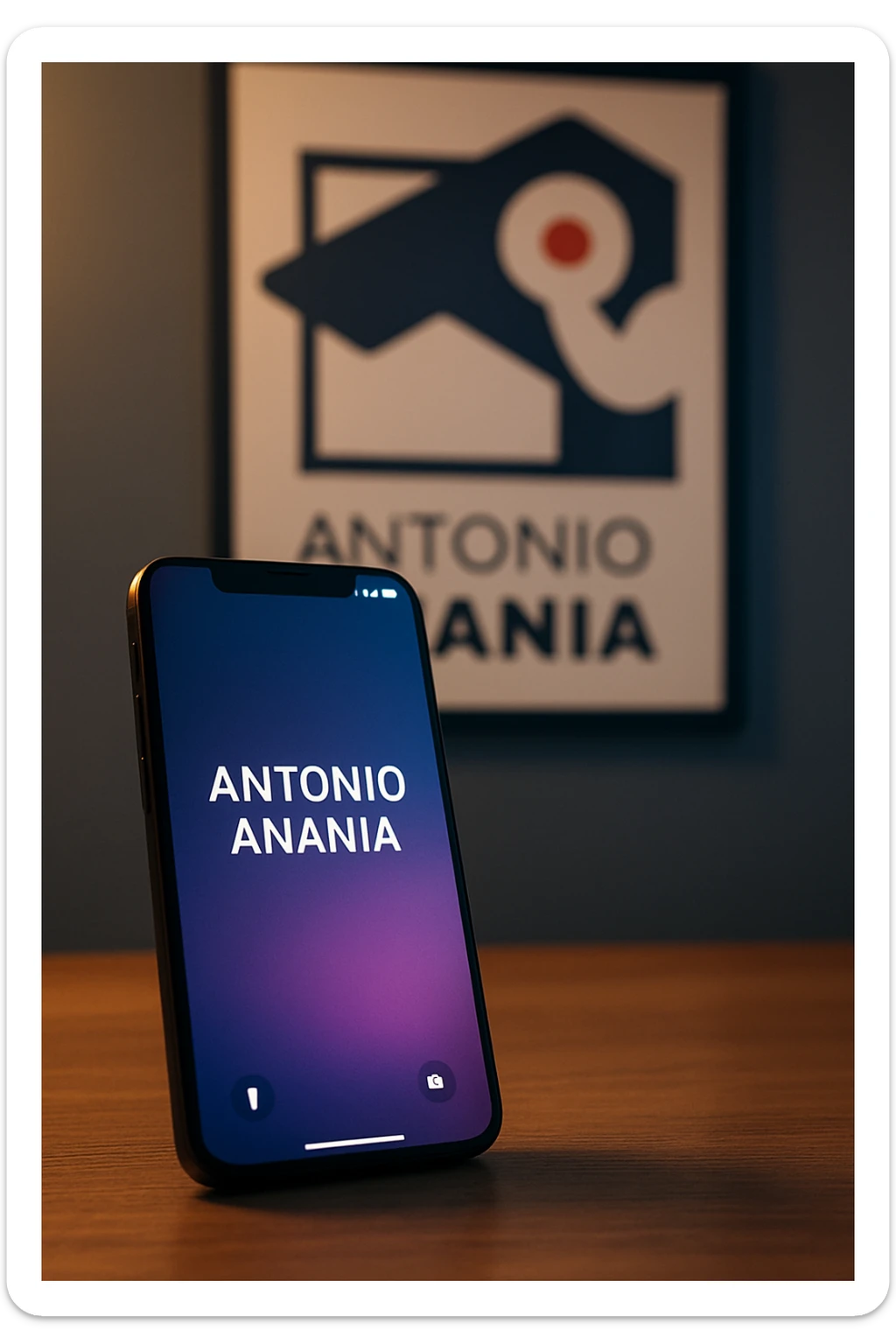 A photo of an iPhone on the desk with the message "Antonio Anania" on its screen, The phone sits atop a desk with a blurred with the logo in the background that suggests work environment. A faint glow from above casts gentle shadows across the surface of each object, creating depth and highlighting their textures sticker