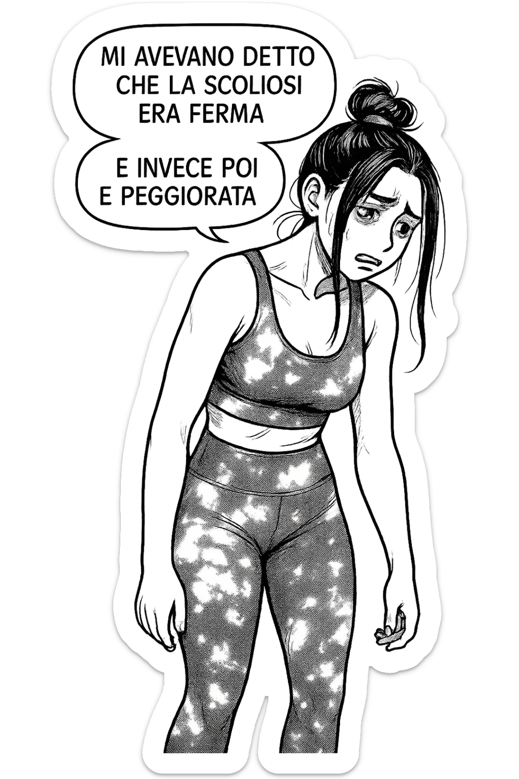 fai questa immagine in versione fumetto/manga/webtoon, il manga mostra la donna disperata con un fumetto sulla testa che dice:
Mi avevano detto che la scoliosi era ferma… e invece poi è peggiorata.
 sticker