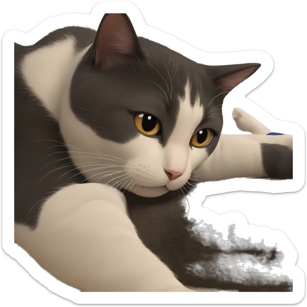 focused cat with bottle sticker