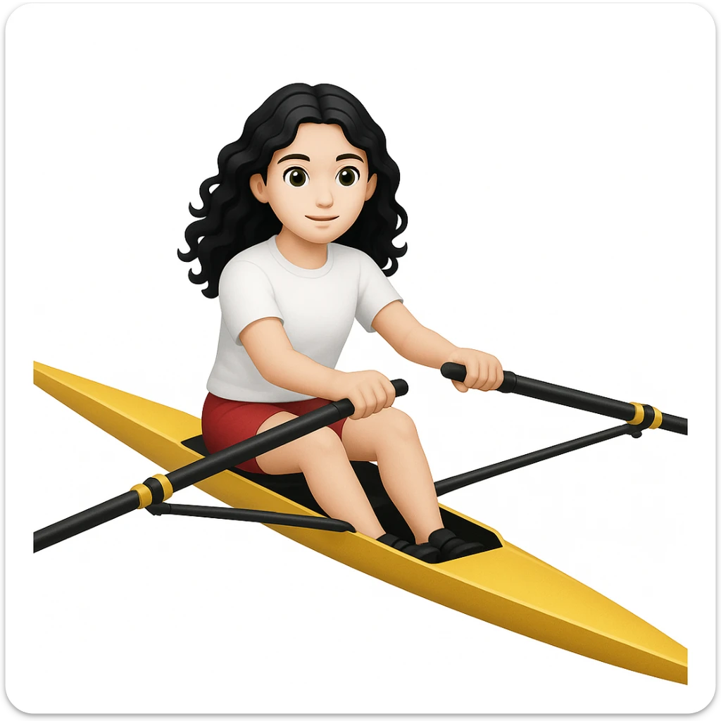 Altındaki tekneyi olimpik kürek sporu için uygun, uzun ve ince yarış teknesi olarak değiştir. Kız siyah uzun dalgalı saçlı, beyaz tenli, kırmızı şort ve beyaz kısa kollu tişörtle olimpik kürek sporu yapıyor sticker