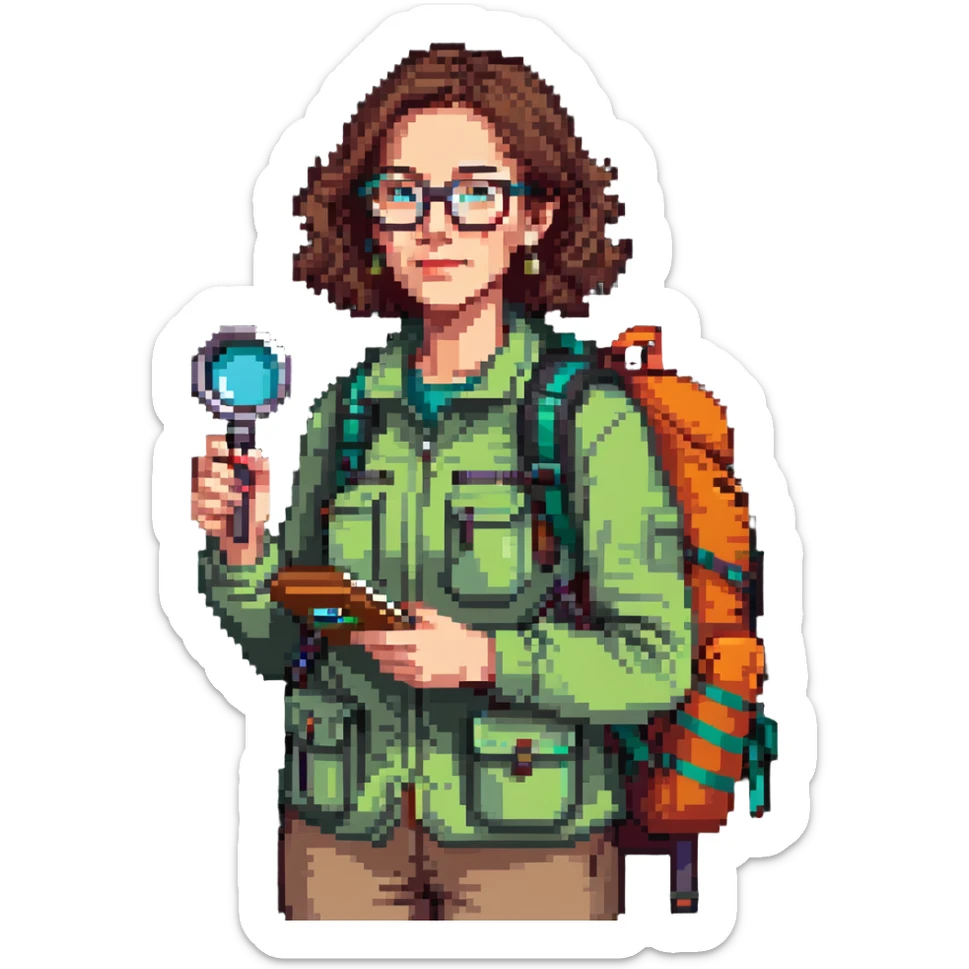 Enthusiastic woman naturalist in her 40s with glasses, colorful hiking outfit, backpack, holding magnifying glass sticker